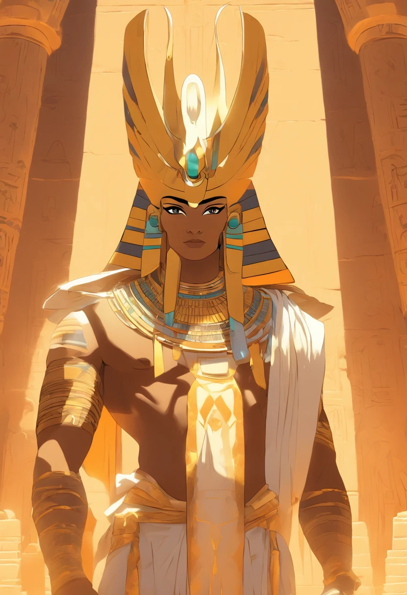 ((Osiris))) best quality, very high resolution, 4K detailed CG, masterpiece, Egyptian mythology, Osiris, sun in the background, Ancient Egypt, standing pose, white clothes, Egyptian clothes, Egyptian temple, desert, Egypt Ancient, ((Mummified body)), Egyptian palace, aesthetics, beautiful image, centered on canvas, standing pose