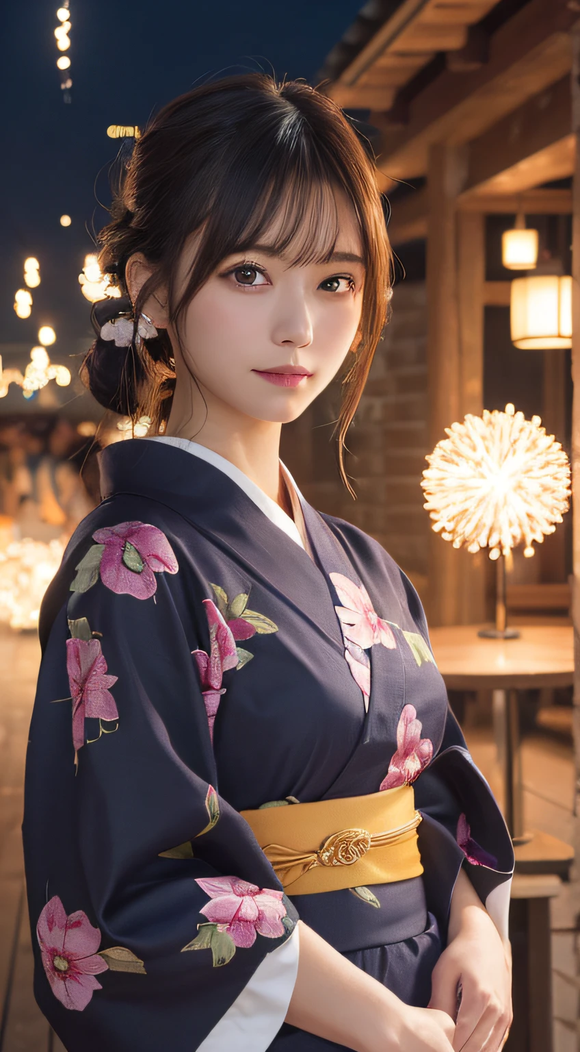 masutepiece, Best Quality, Illustration, Ultra-detailed, finely detail, hight resolution, 8K Wallpaper, Perfect dynamic composition, Beautiful detailed eyes, Yukata, Hanabi background
