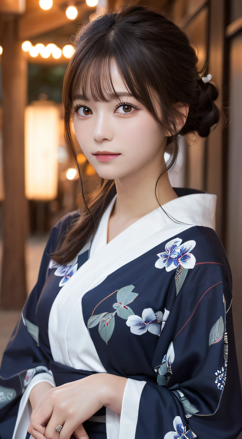 (Photorealsitic:1.4), (Top image quality:1.0), (超A high resolution:1.0), 8K, Raw photography, (masterpiece:0.2), (pureerosface_v1:0.5)、(Best Quality Detail:1.2)、realisitic、8K UHD、hight resolution、(1girl in:1.2)、The ultra-detailliert、High quality textures、intricate detailes、detaileds、Very detailed CG、High quality shadows、Detail Beautiful delicate face、Detail Beautiful delicate eyes、depth of fields、Ray traching,1girl in, japanaese girl, Cute, slender, Black kimono, Kimono with Japanese pattern,Floral scrunchie, Beautiful skin, Facing the front,Sit down, Sit upright and say thank you,Align your hands elegantly,Smile faintly The Land of Japan,Japanese garden,Luxury Japanese-style room, skyporn, Magic Hour, (Realistic:1.3), Finely detailed, quality, (masutepiece:1.2), (Photorealistic:1.2), (Best Quality), (Intricate details), Dramatic, Ray tracing, photograph, +Lola