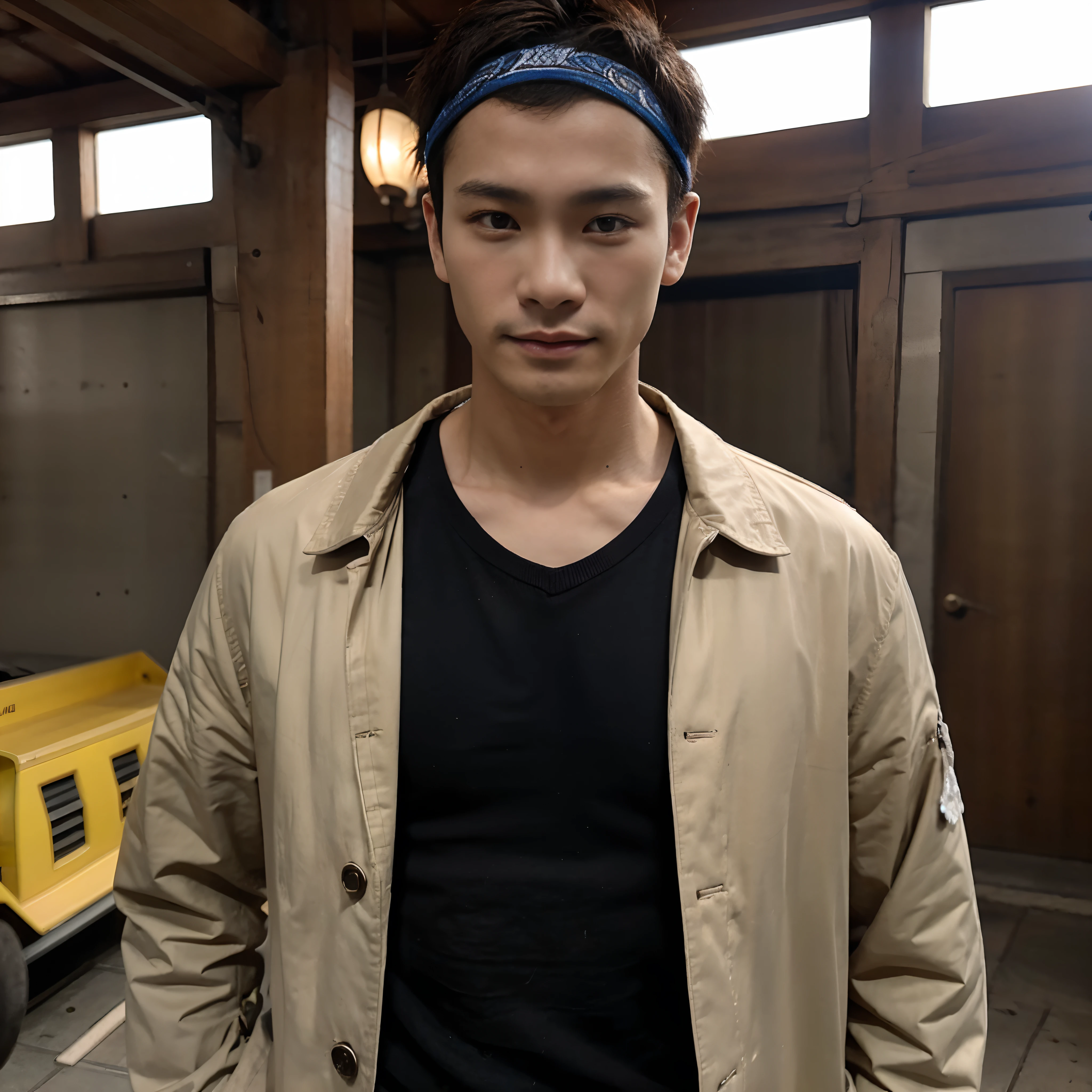 Seventeen or eighteen-year-old sunshine boy，chineseidol，There is a headband，Muscular，Keep your head up and your chest up，Clothing from the years of the Sino-Japanese War，Wear a coat