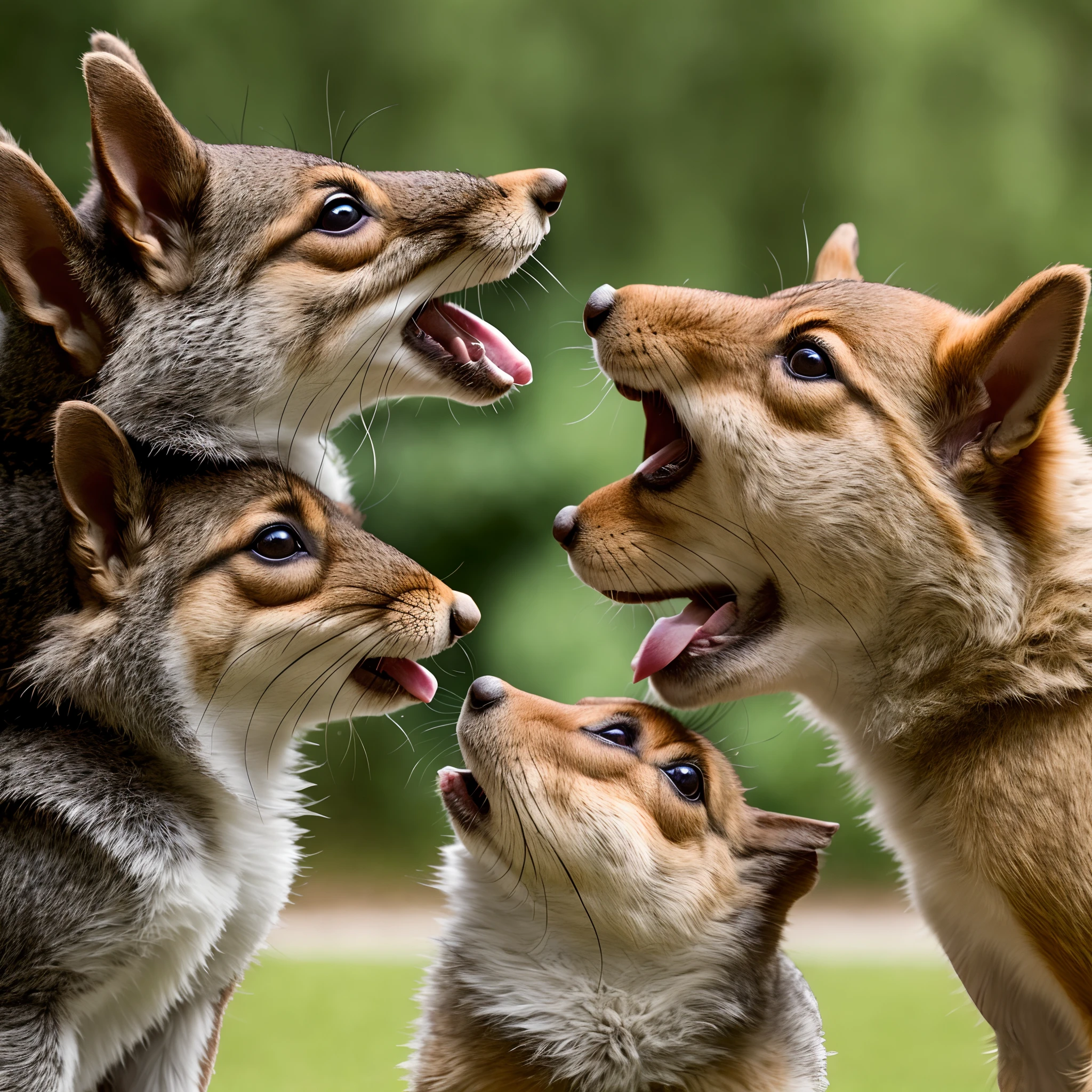 A squirrel booping the nose of a german shephard