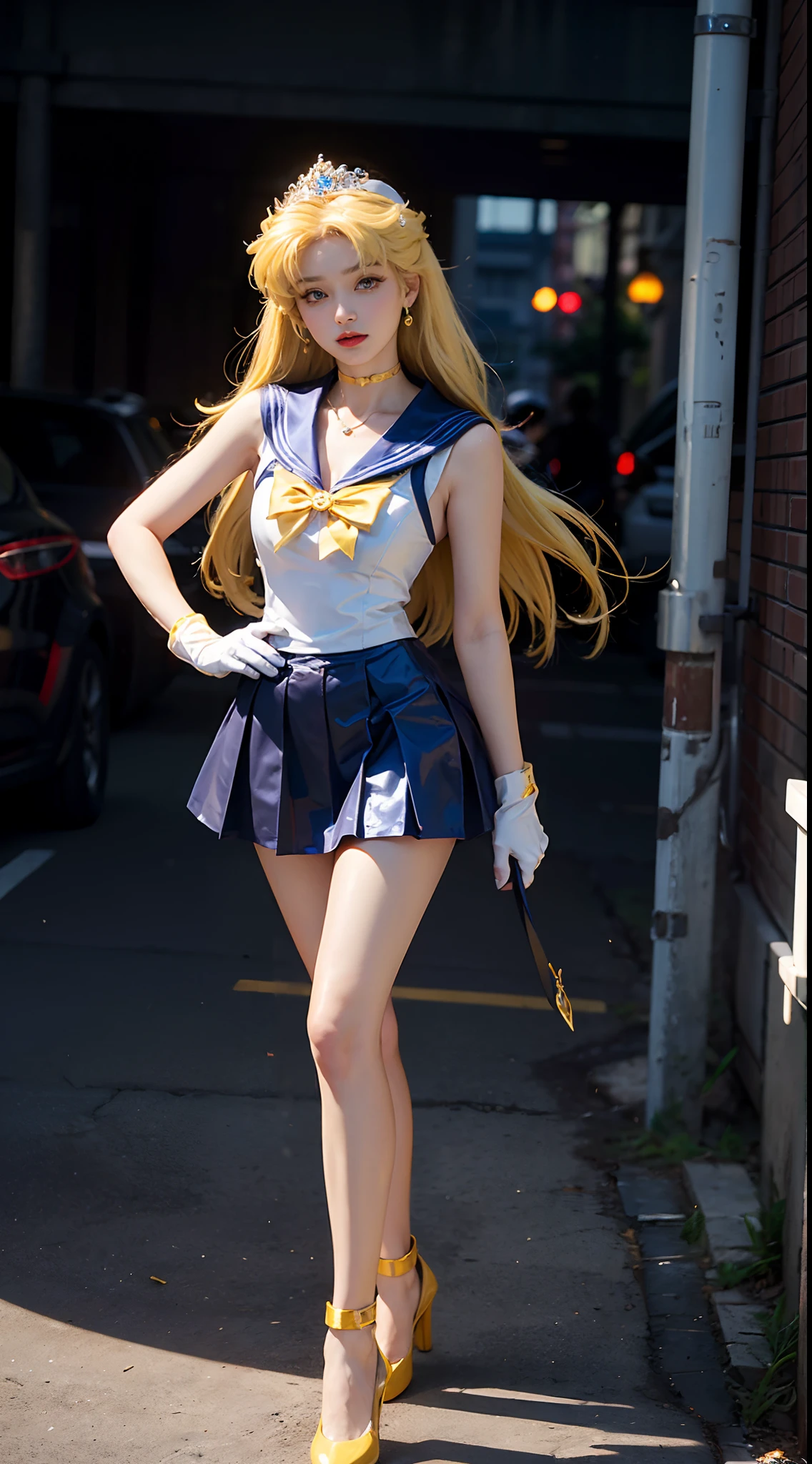 ((masterpiece:1.4)、(top-quality:1.4)、(reallistic:1.7))、masuter piece:1.4、a beauty girl、(Sailor Moon:1.4)、Tsukino Usagi、Body Fit Sexy Sailor Senshi Uniform、(latex shiny)、(The jacket is a white sleeveless sailor suit)、(Skirt is blue sexy ultra ultra mini skirt)、The collar of the sailor suit is blue with two thin lines.、high leg swimsuit、Red cloth ornament at chest、(Wearing white gloves)、Kawaii Girl、Super beauty、foco nítido、Portrait photos、Upper body photography:1.4、beautiful countenance、beautidful eyes、Narrow waist、(Yellow hair:1.4)、(length hair:1.2)、Raw photo、red-lips、Red high heels:1.4、a choker:1.4、a necklace:1.4、耳Nipple Ring:1.4、Luxurious golden tiara on forehead:1.4、1 screen display、Outdoor landscape