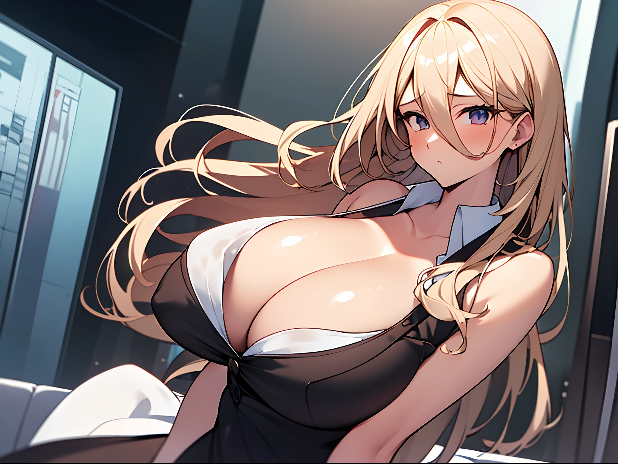 Best Quality, 超A high resolution, Photorealistic, (((one beautiful women、Business suits,dress shirts、Breasts squeezed together,V arm)))、sofas,Hair between the eyes、Leaning forward、 Large breasts, Holding, blush,1girl in, Upper body, Chest about to burst, Huge boobs,cleavage