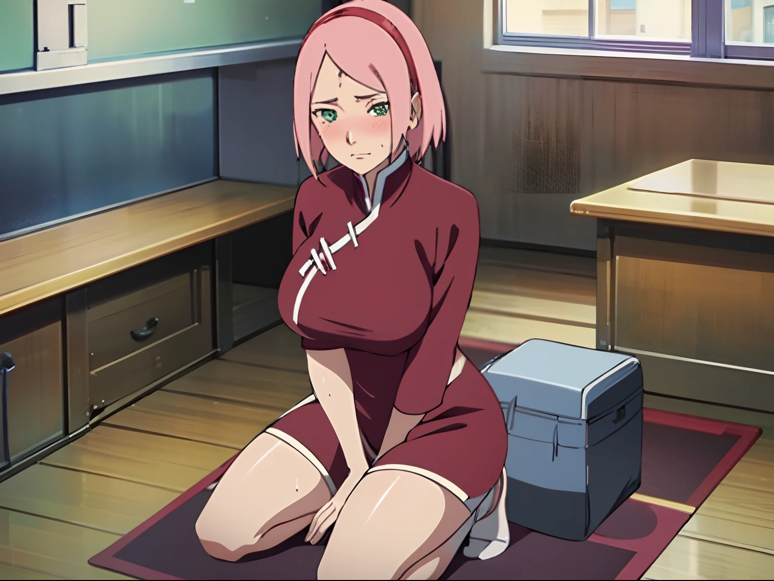 tmasterpiece， hoang lap ， （Complicated details），（rich colourful）， 电影灯光， the Extremely Detailed CG Unity 8K Wallpapers ， sakura haruno， 1girll， 独奏，（‎Classroom，track suit，White stockings，Superskirt，Legs sweat a lot，Kneeling，Bigboobs， Low hair tied long），（（perspire，Be red in the face，Blush：1.5）），Particularly heavy blush，
