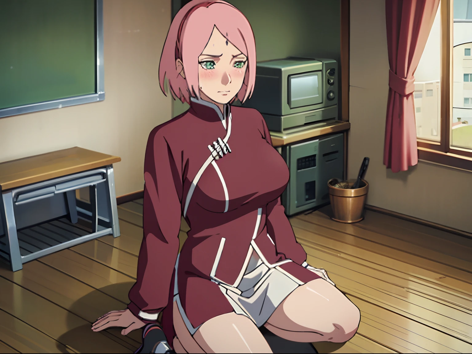 tmasterpiece， hoang lap ， （Complicated details），（rich colourful）， 电影灯光， the Extremely Detailed CG Unity 8K Wallpapers ， sakura haruno， 1girll， 独奏，（‎Classroom，track suit，White stockings，Superskirt，Legs sweat a lot，Kneeling，Bigboobs， Low hair tied long），（（perspire，Be red in the face，Blush：1.5）），Particularly heavy blush，