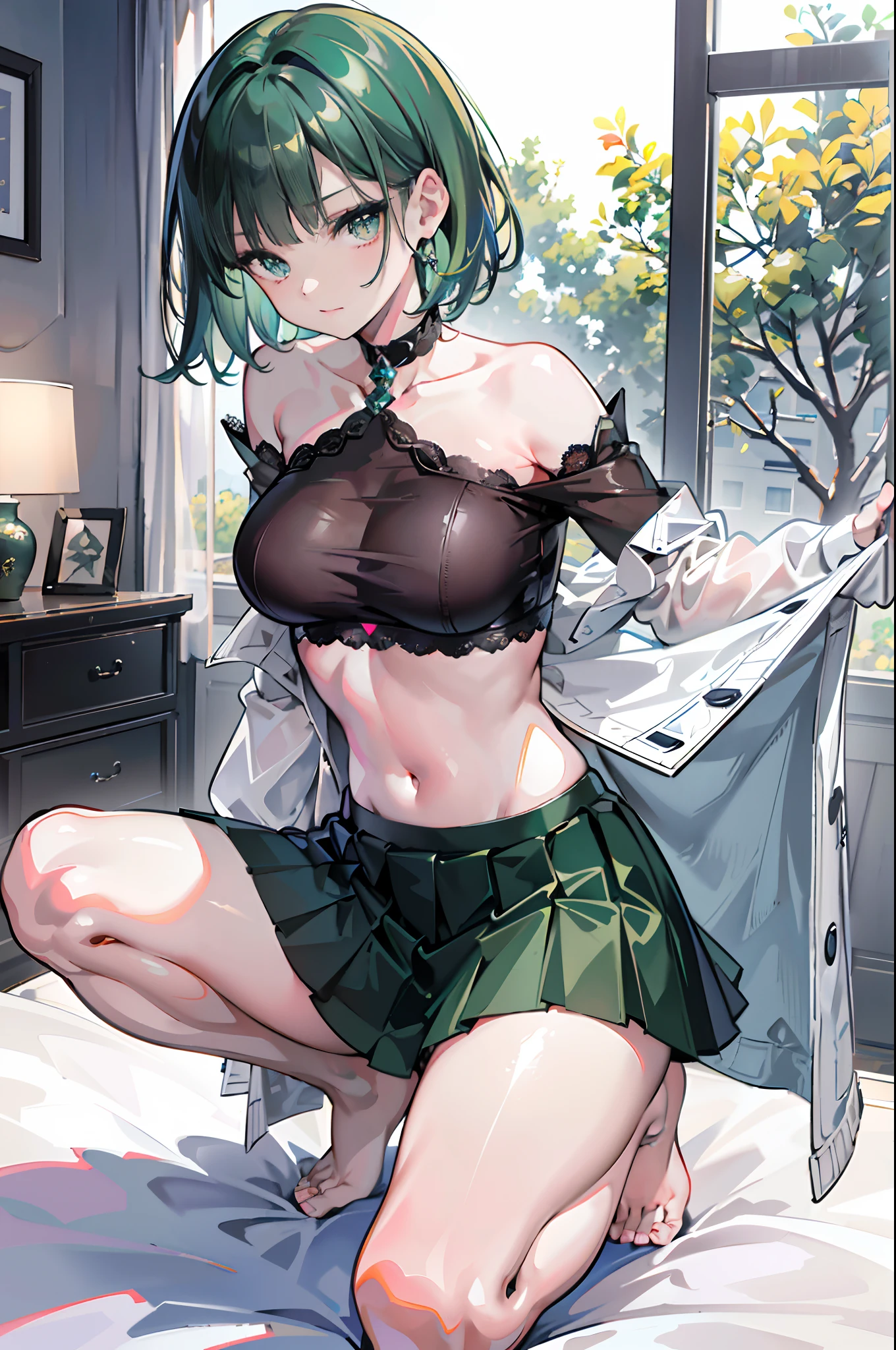 (top-quality、8K、32K、tmasterpiece、NFFSW、超A high resolution、Impresionismo、Photorealsitic:1.2)、Colossal tits、cow boy shot, detailed faces and eyes、 inside bedroom、Home、Evening glow、beauitful face、blurred back、A beautiful 20-year-old woman、shiny skins、short detailed hair、Dark green hair、Blunt bangs、Dark green eyes、(Katyusha:1.2)、Crop topping、Pleated miniskirt、curves、on one knee、(I can see panties:1.2)、Bad laughs,Sly eyes,The temperament of the dominant,Alpha temperament,nice thigh,Mathematical elements