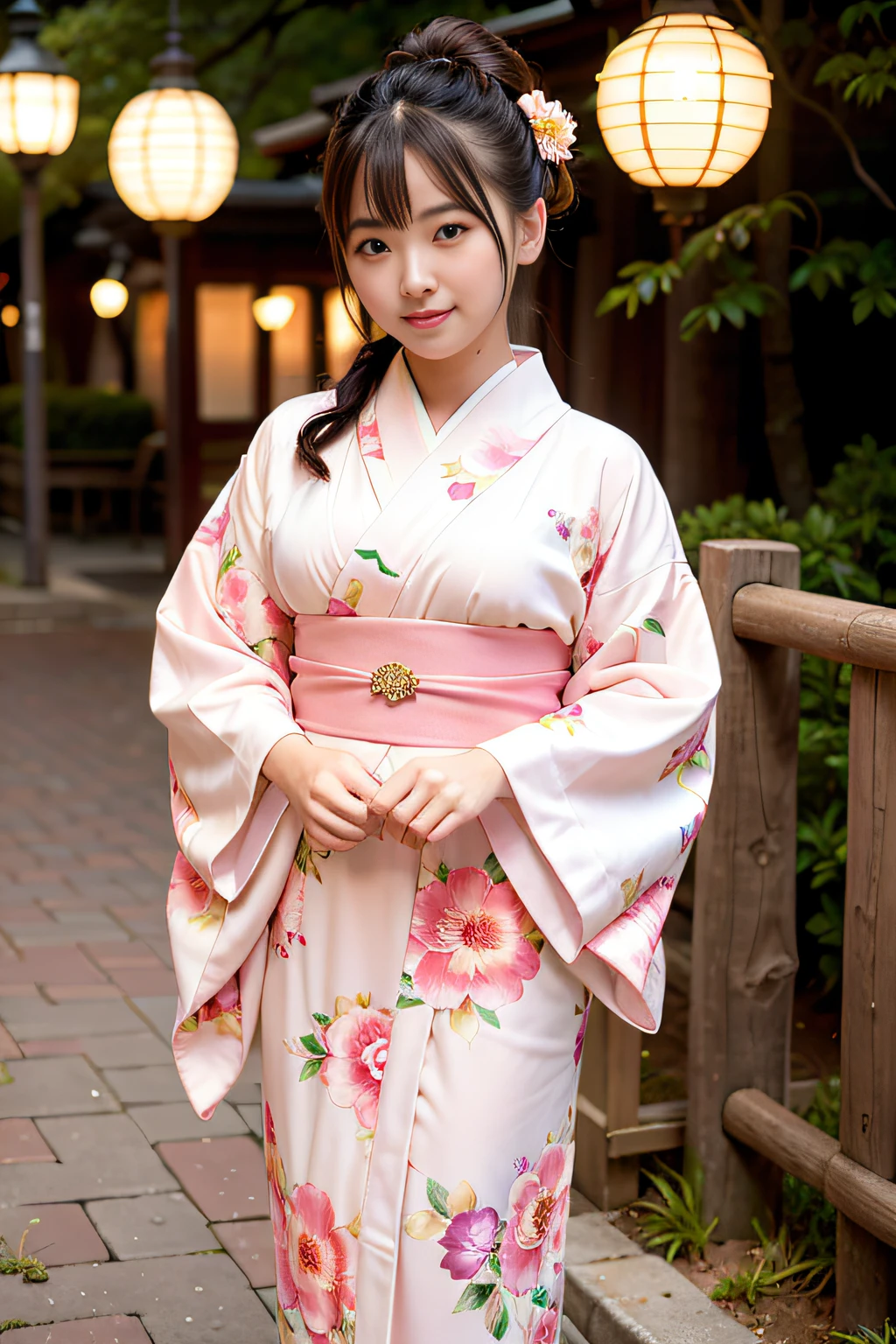 Beautuful Women、25-years old，(Pink floral kimono_clothes:1.Wearing 3)、holiday、Miho no Matsubara、
good hand、4K、hight resolution、​masterpiece、top-quality、headw:1.3、((Hasselblad photo))、huge tit、Fine skin、foco nítido、(Cinematographic lighting)、natta、Soft lighting、dynamic ungle、[:(详细的脸:1.2):0.2]、outside、