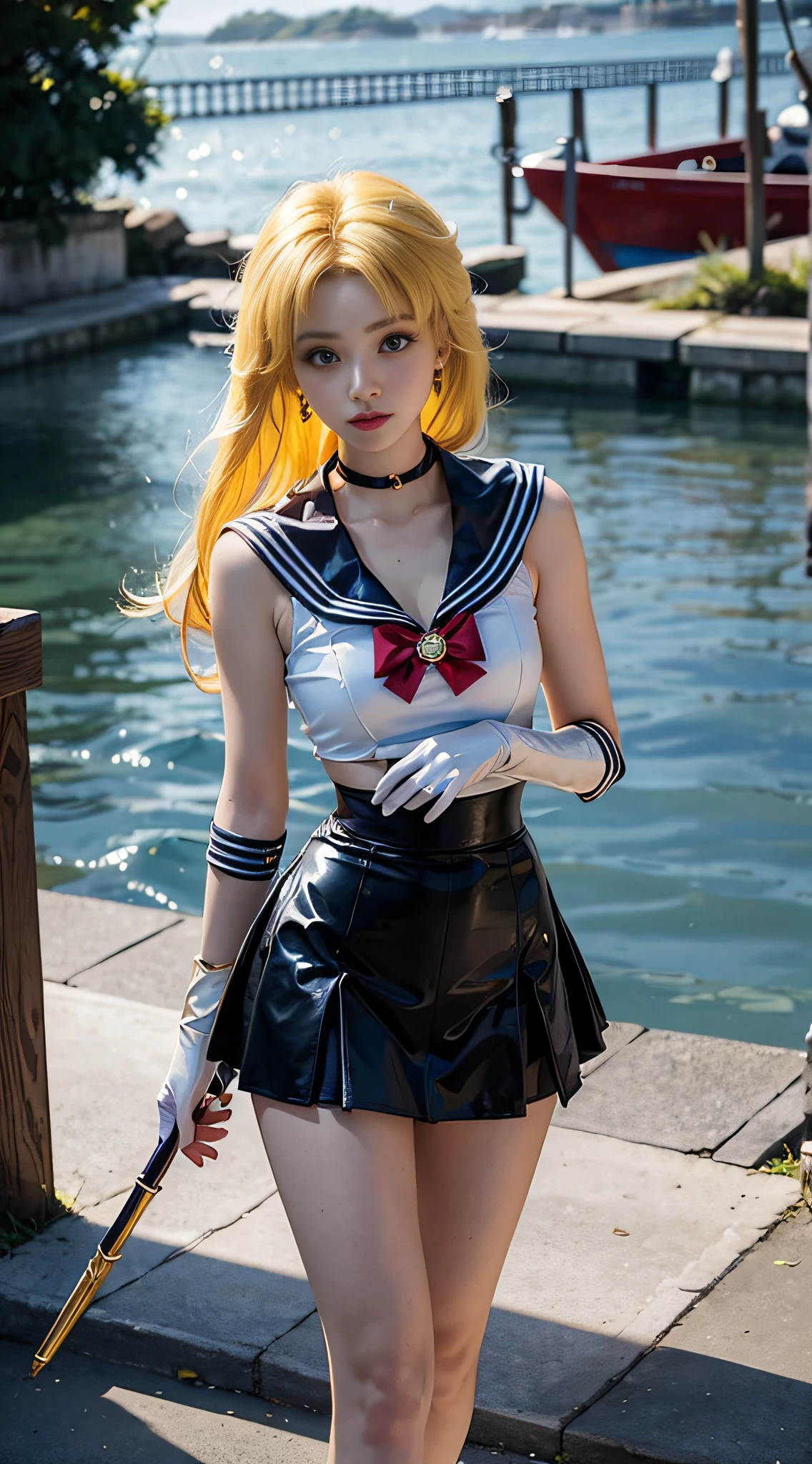 ((masterpiece:1.4)、(top-quality:1.4)、(reallistic:1.7))、masuter piece:1.4、a beauty girl、(Sailor Moon:1.4)、Tsukino Usagi、Body Fit Sexy Sailor Senshi Uniform、(latex shiny)、(The jacket is a white sleeveless sailor suit)、(Skirt is blue sexy ultra ultra mini skirt)、The collar of the sailor suit is blue with two thin lines.、high leg swimsuit、Red cloth ornament at chest、(Wearing white gloves)、Kawaii Girl、Super beauty、foco nítido、Portrait photos、Upper body photography:1.4、beautiful countenance、beautidful eyes、Narrow waist、(Yellow hair:1.4)、(length hair:1.2)、Raw photo、red-lips、Red high heels:1.4、a choker:1.4、a necklace:1.4、耳Nipple Ring:1.4、Luxurious golden tiara on forehead:1.4、1 screen display、Outdoor landscape
