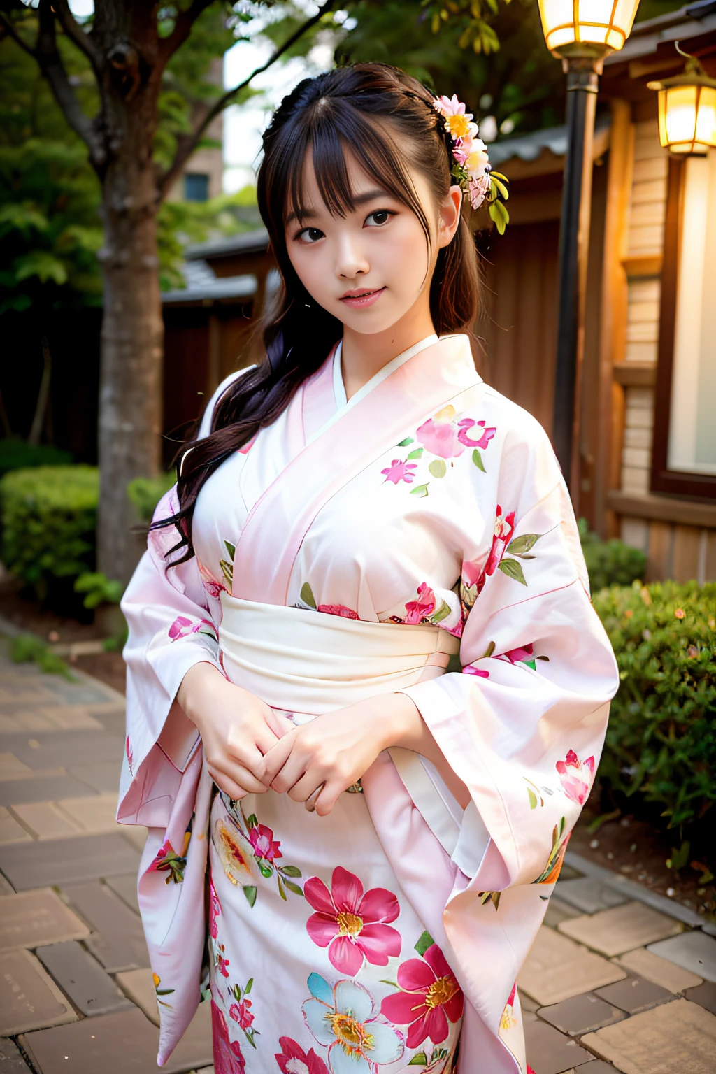 Beautuful Women、25-years old，(Pink floral kimono_clothes:1.Wearing 3)、holiday、Miho no Matsubara、
good hand、4K、hight resolution、​masterpiece、top-quality、headw:1.3、((Hasselblad photo))、huge tit、Fine skin、foco nítido、(Cinematographic lighting)、natta、Soft lighting、dynamic ungle、[:(详细的脸:1.2):0.2]、outside、