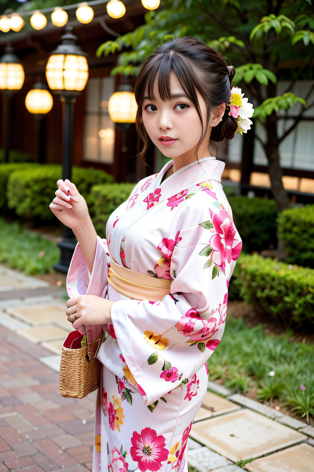 Beautuful Women、25-years old，(Pink floral kimono_clothes:1.Wearing 3)、holiday、Miho no Matsubara、
good hand、4K、hight resolution、​masterpiece、top-quality、headw:1.3、((Hasselblad photo))、huge tit、Fine skin、foco nítido、(Cinematographic lighting)、natta、Soft lighting、dynamic ungle、[:(详细的脸:1.2):0.2]、outside、