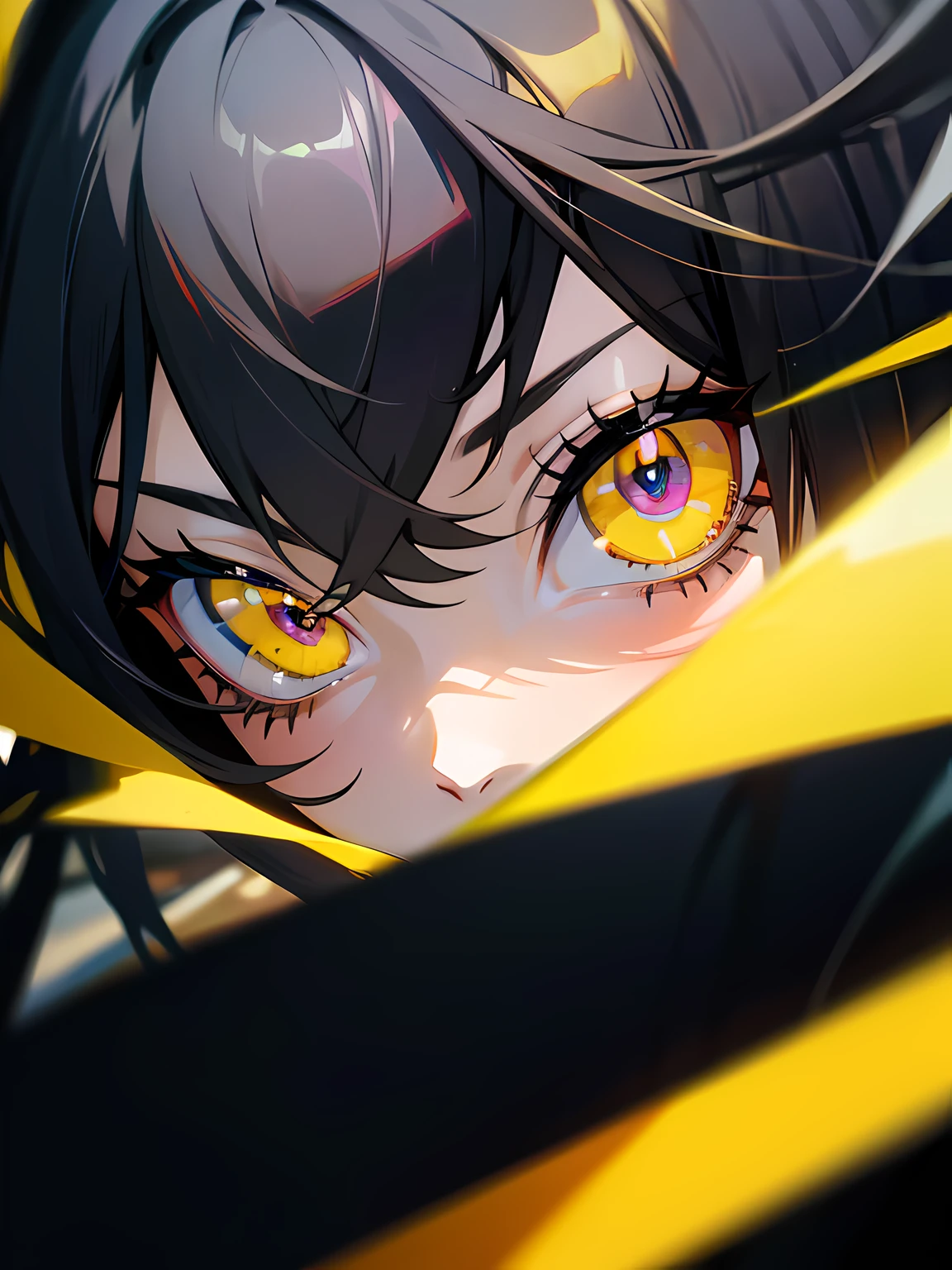 close up of eyes, black hair, yellow eyes, absurdres, high res, ultrasharp, 8k, masterpiece
