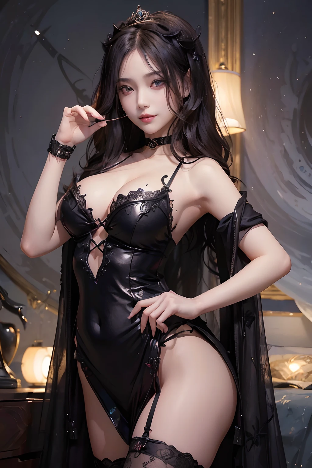 ((top-quality:1.3、8K、​masterpiece))、1girl in、Diabolical、Black dress、Detailed Face 1:2、kawaii faces、A detailed eye、a smile、onepiece、Pretty Woman、(Dark hair)、full bodyesbian、pluma、