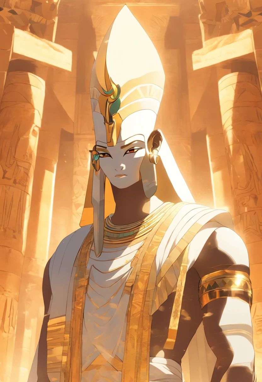 ((Osiris white face))) best quality, very high resolution, 4K detailed CG, masterpiece, Egyptian mythology, Osiris, sun in the background, Ancient Egypt, standing pose, white clothes, Egyptian clothes, Egyptian temple, desert , Ancient Egypt, ((Mummified body)), Egyptian palace, aesthetics, beautiful image, centered on screen, standing pose