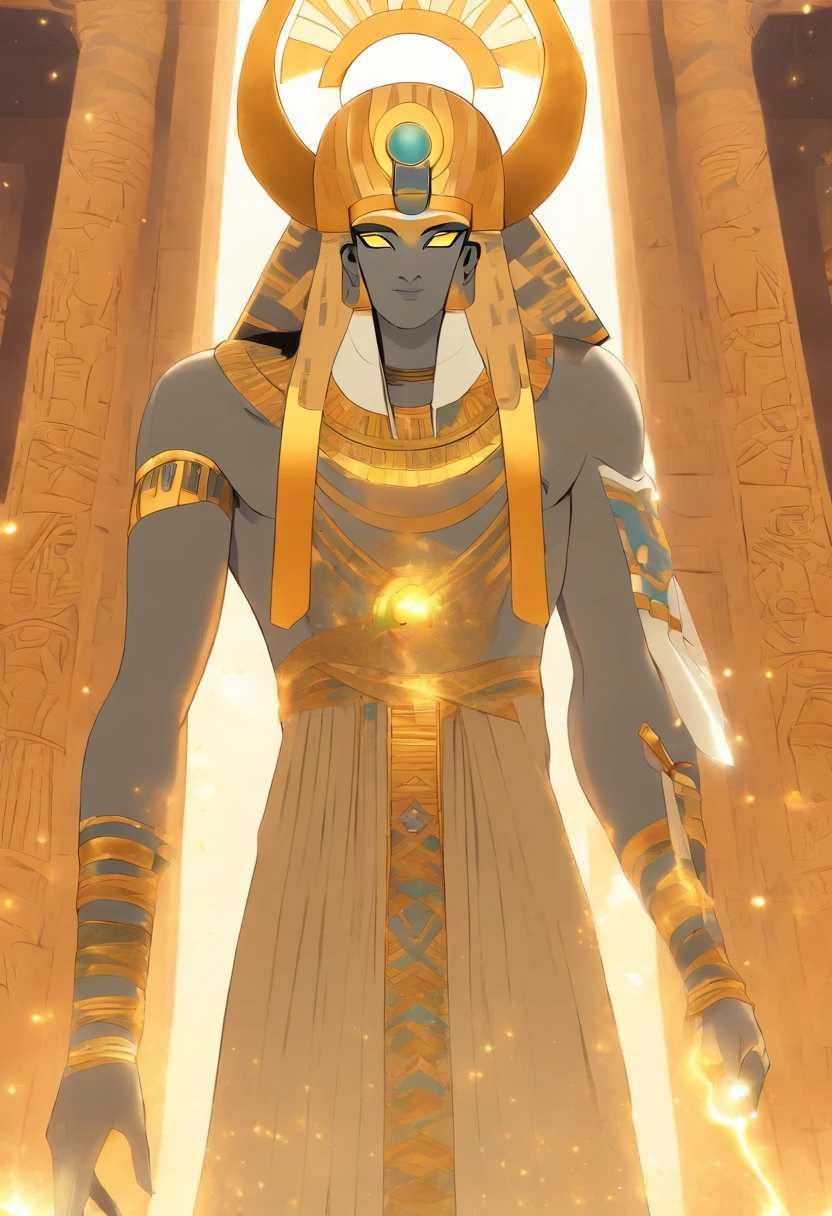 ((Osiris white face))) best quality, very high resolution, 4K detailed CG, masterpiece, Egyptian mythology, Osiris, sun in the background, Ancient Egypt, standing pose, white clothes, Egyptian clothes, Egyptian temple, desert , Ancient Egypt, ((Mummified body)), Egyptian palace, aesthetics, beautiful image, centered on screen, standing pose