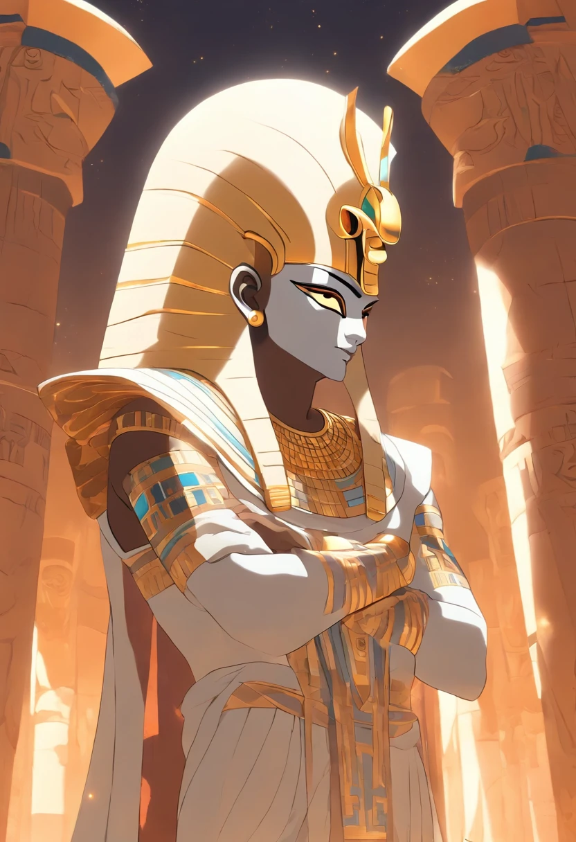 ((Osiris white face))) best quality, very high resolution, 4K detailed CG, masterpiece, Egyptian mythology, Osiris, sun in the background, Ancient Egypt, standing pose, white clothes, Egyptian clothes, Egyptian temple, desert , Ancient Egypt, ((Mummified body)), Egyptian palace, aesthetics, beautiful image, centered on screen, standing pose