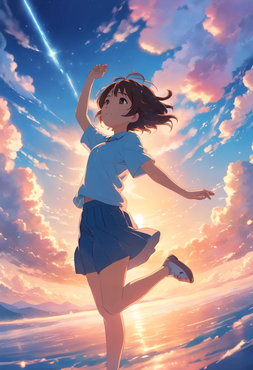 masterpiece, best quality, movie still, 1girl, cloud girl, floating in the sky, close-up, bright, happy, warm soft lighting, sunset, (sparks:0.7)