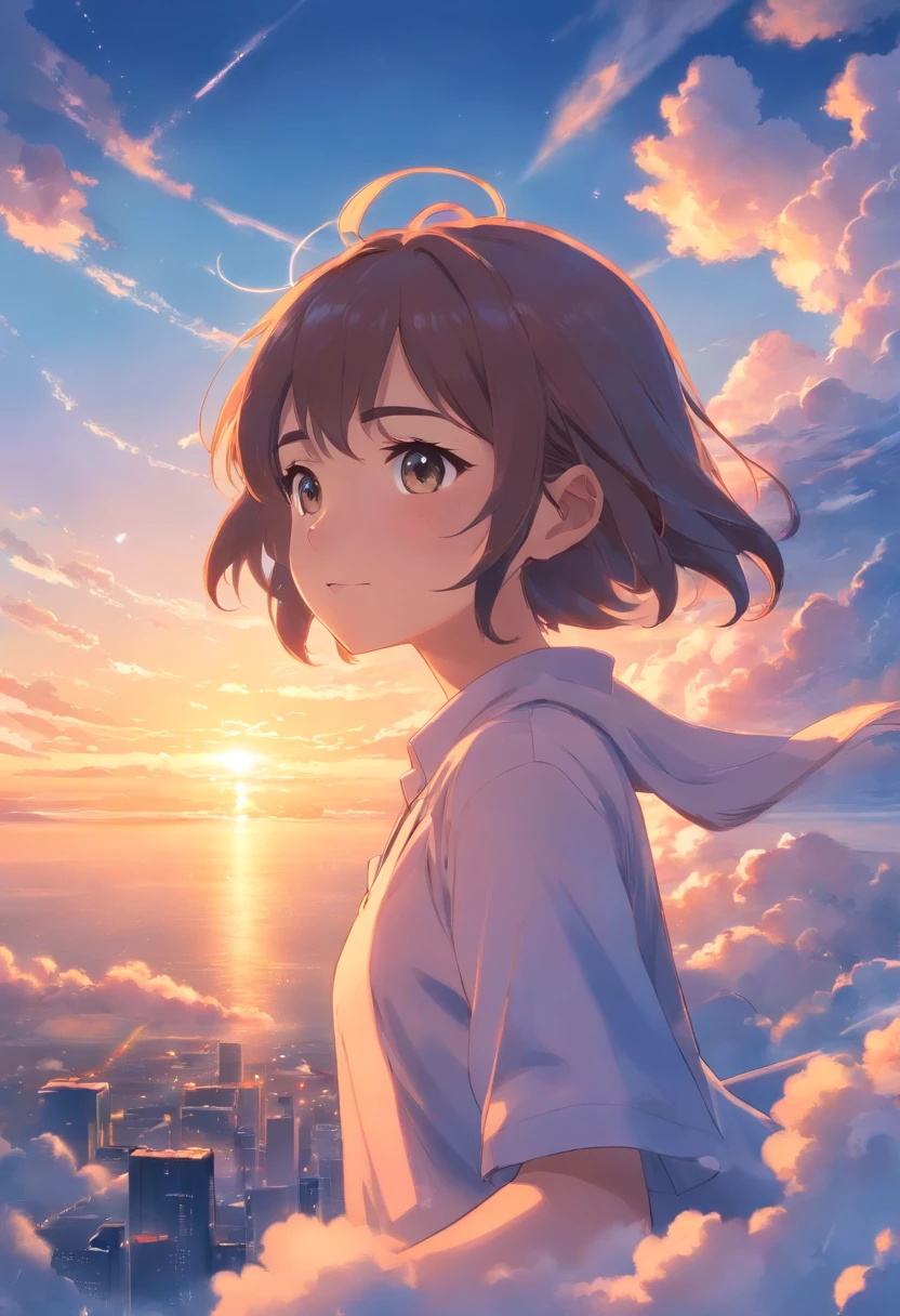 masterpiece, best quality, movie still, 1girl, cloud girl, floating in the sky, close-up, bright, happy, warm soft lighting, sunset, (sparks:0.7)
