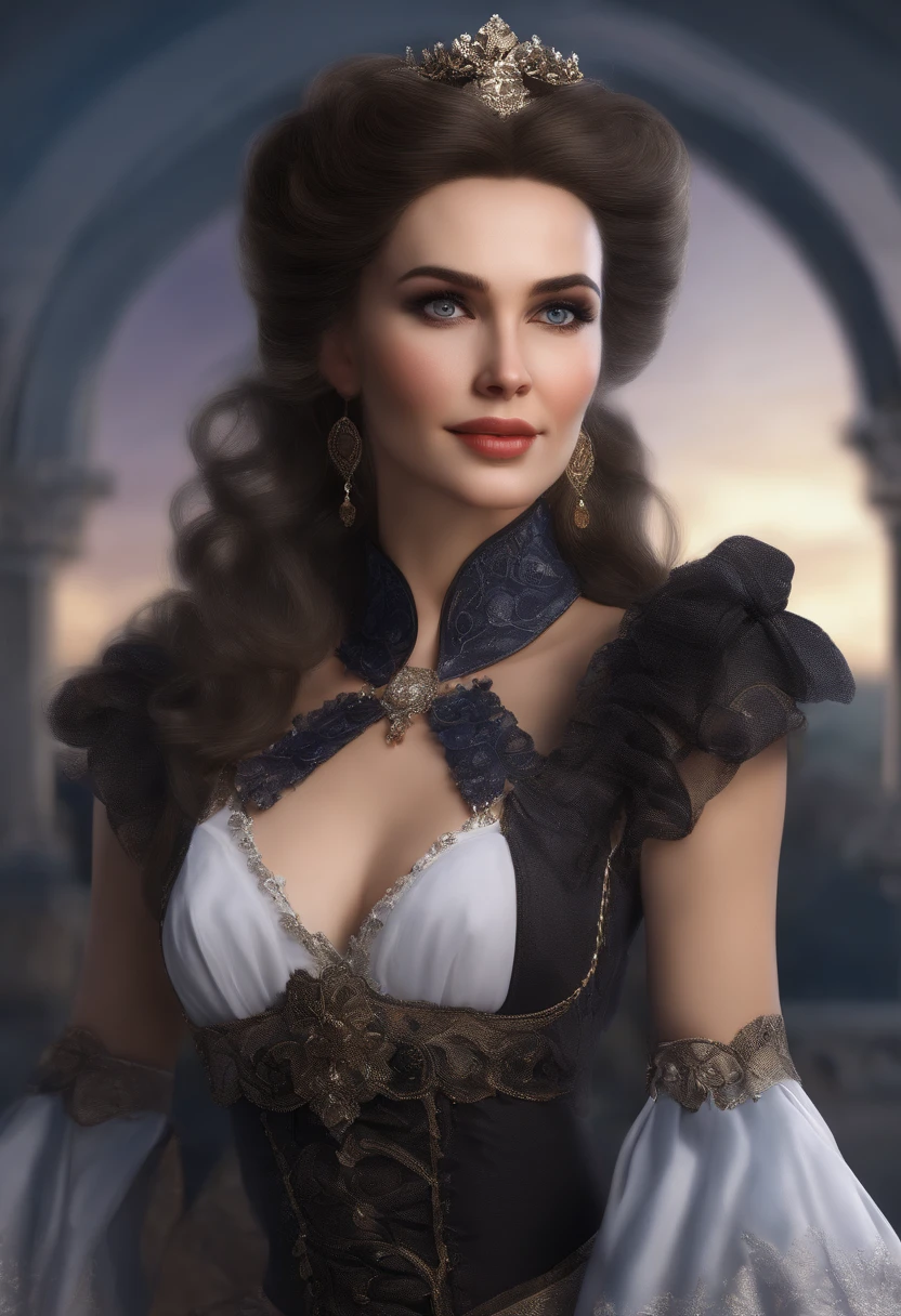 Beautiful Mature Woman,Realistic, masterpiece, Final details, photos realistic, intricate details, Octane Rendering, 8K, 1girll, Full body perfect face, Beautiful face, nswt, Tank Reference, Detail Hair,, Black bow, Black Gloves, Black paws, Blue eyes, Blue hair, Bow, Dress, Drill Hair, frilled, mitts, Gwen, Head dress, high resolution, Long hair, Parted Lip, Puffy sleeves, Purple eyes, Smile, Solo, White Dress, Oil skin,