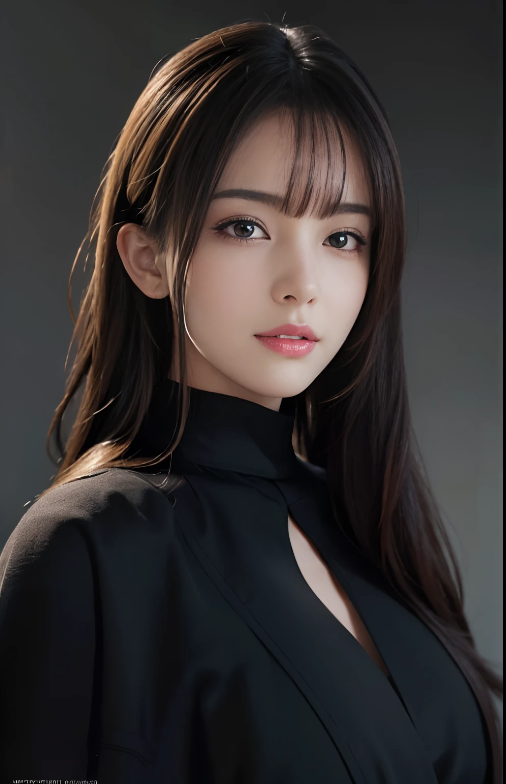 Best Quality, Masterpiece, Perfect Body Beauty, cinematic lighting,   black shirt, Highly detailed face and skin texture, Detailed eyes, whitening skin, perfect face, ((huge breast)), looking at viewer, ((Dark background)), open mouse, straight Bangs, long hair,18age,