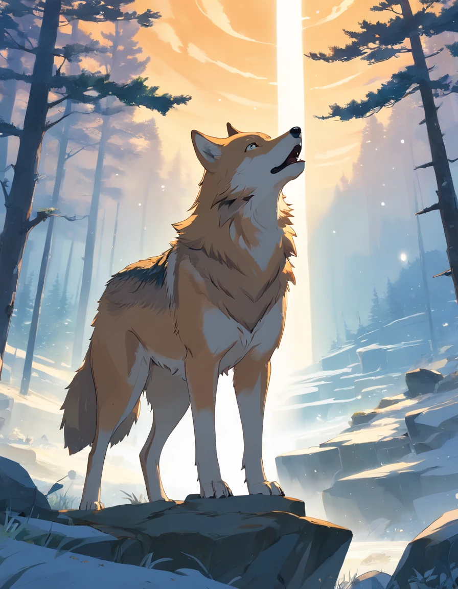 Wild wolves, Patron saint of ancient tribal kingdoms, Standing on a rocky plateau，Overlooking vast rugged terrain. The fur of the wolf shimmers with an ethereal hue, Reflecting the spirit of the land. The scenery is bathed in warm views, The tan light adds a sense of nostalgia and reverence. The style of this image is influenced by Native American art and symbolism. The image should be a digital illustration that combines the presence of wolves with spiritual elements. Use wide-angle camera lenses to capture magnificent landscapes and commanding postures of wolves. The lighting should emphasize the spiritual meaning of the scene, Create a connection between the wolf and the land it guards.