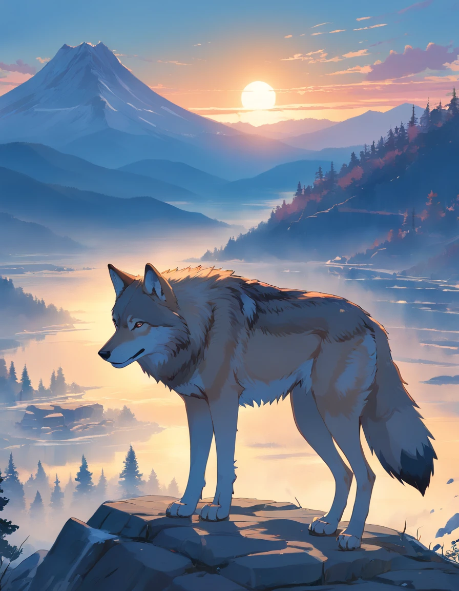 Wild wolves, Patron saint of ancient tribal kingdoms, Standing on a rocky plateau,Overlooking vast rugged terrain. The fur of the wolf shimmers with an ethereal hue, Reflecting the spirit of the land. The scenery is bathed in warm views, The tan light adds a sense of nostalgia and reverence. The style of this image is influenced by Native American art and symbolism. The image should be a digital illustration that combines the presence of wolves with spiritual elements. Use wide-angle camera lenses to capture magnificent landscapes and commanding postures of wolves. The lighting should emphasize the spiritual meaning of the scene, Create a connection between the wolf and the land it guards.