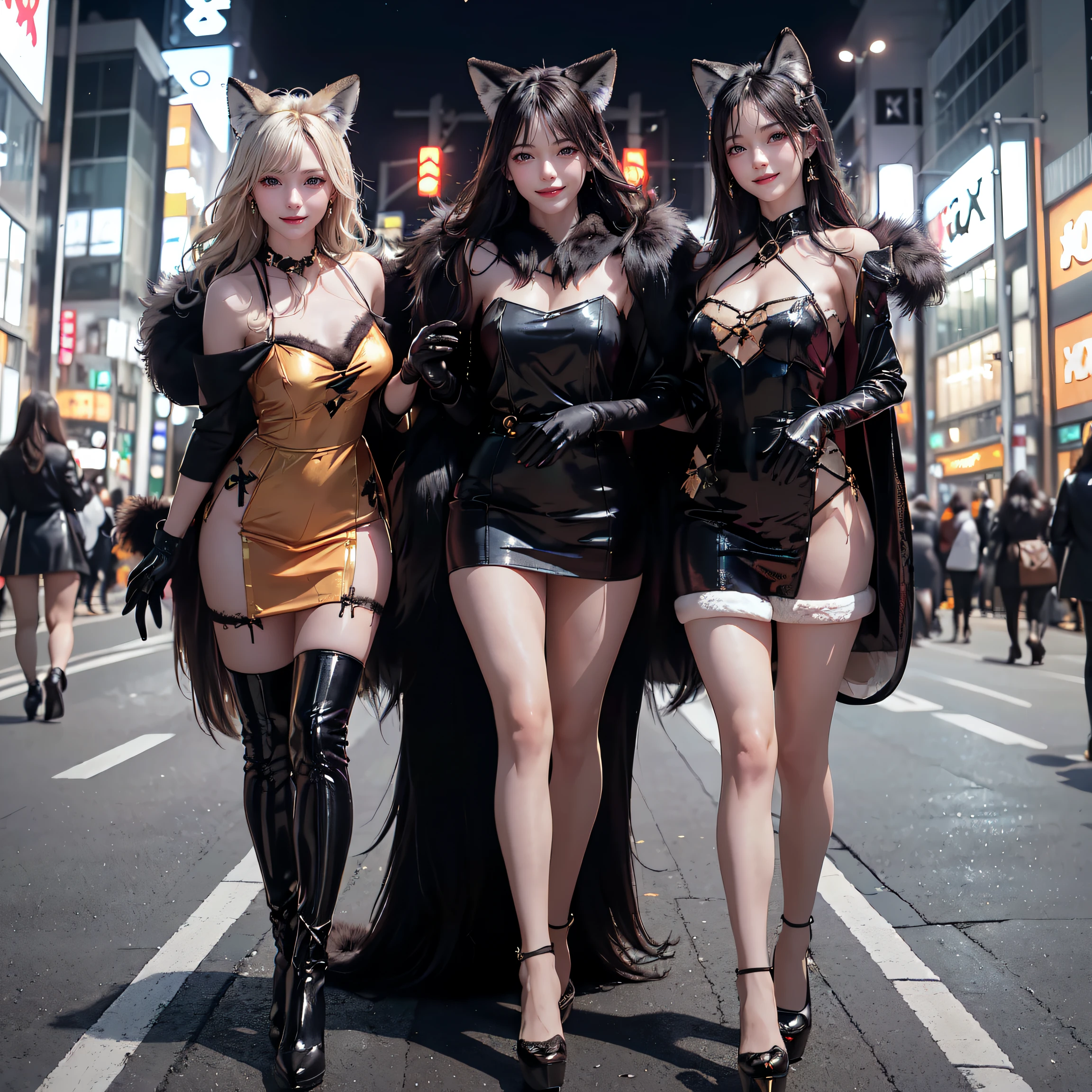 masterpiece, top-quality, top-quality, Beautifully Aesthetic:1.2, ((Three girls)), Halloween night,
((Middle girl is Wearing a high-quality Black Fox costume of fur, gloves of Fox, fur miniskirt):1.2), high detailed,
((Left girl is Wearing a high-quality Red Fox costume of fur, gloves of Fox, fur miniskirt):1.2), high detailed,
((Right girl is Wearing a high-quality Blue Fox costume of fur, gloves of Fox, fur miniskirt):1.2), high detailed,
(Three girls are Walking side by side in a neat line:1.3), large breasts, firm breast, nicely shaped breasts, slender figure,
((Dark Brown Hair)), wavy hair, (medium long hair:1.2),
((At the middle of very crowded Shibuya Scramble Crossing decorated with Halloween decorations at late night:1.2)), ((Surrounded by many people dancing for Three girls)), (Full body shot:1.1), (From below:1.3), (Looking at viewer),