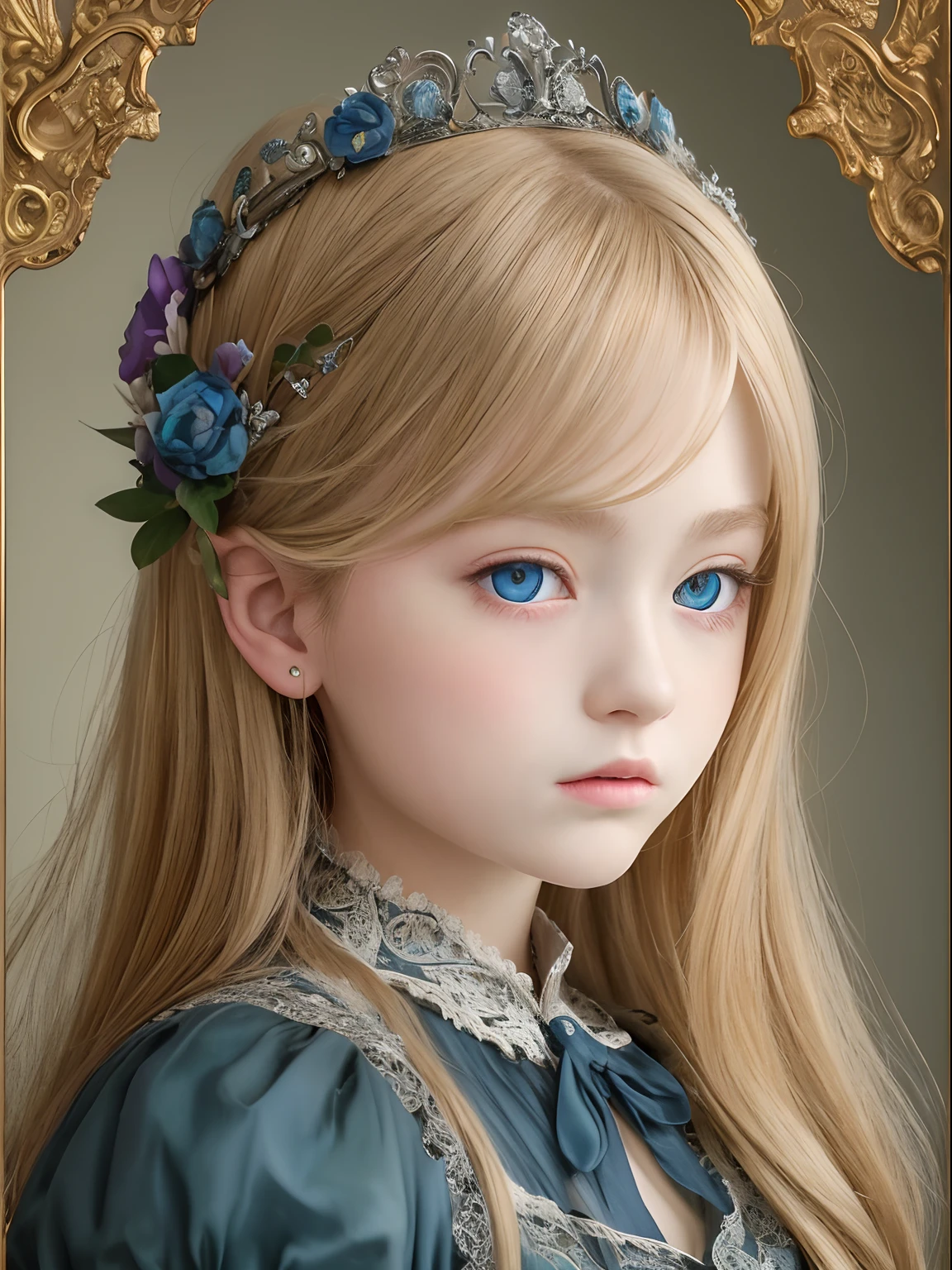 Best quality, Masterpiece, high resolution, Original, highly detailed wallpaper, Beauty, baroque period, dress, Sad, Small face、s girl、Real Human、Authentic、blond、Blue eyes、Foreigner、Old photos,nostalgia,Dark style,murky