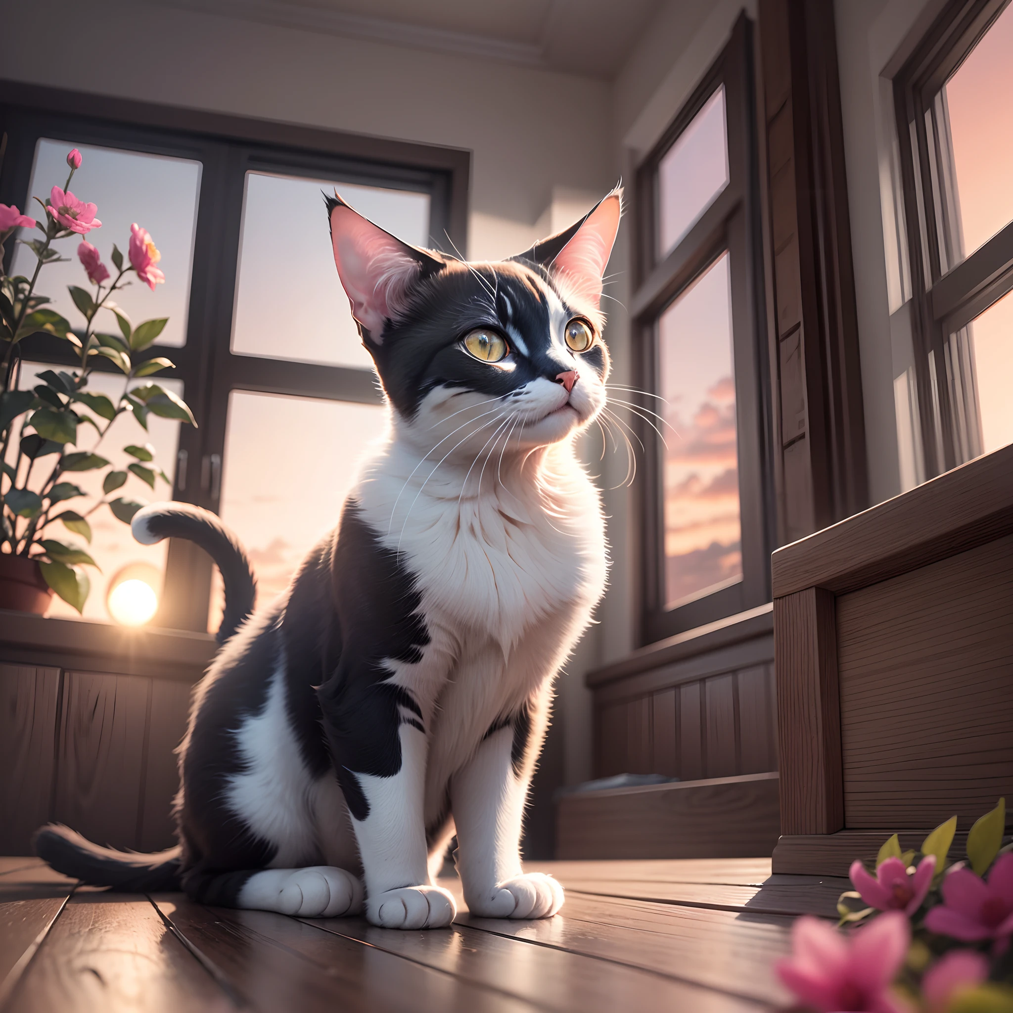 A black and white cat on a table with pink, white and red flowers, looking up, in the background a window with the sunset, super realistic, photography, 8K --auto --s2