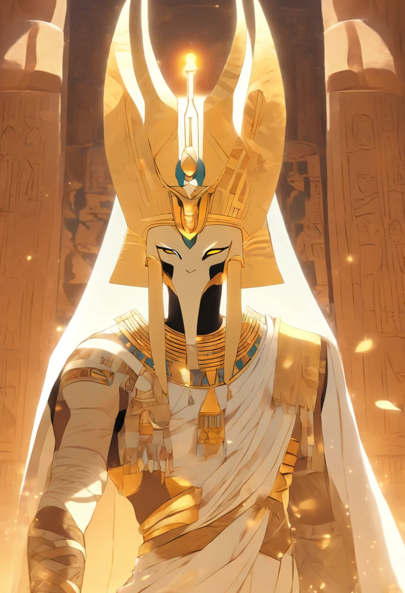 ((Osiris white face))) best quality, very high resolution, 4K detailed CG, masterpiece, Egyptian mythology, Osiris, sun in the background, Ancient Egypt, standing pose, white clothes, Egyptian clothes, Egyptian temple, desert , Ancient Egypt, ((Mummified body)), Egyptian palace, aesthetics, beautiful image, centered on screen, standing pose