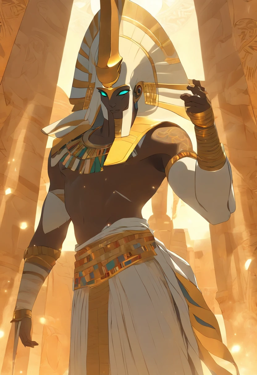 ((Osiris white face))) best quality, very high resolution, 4K detailed CG, masterpiece, Egyptian mythology, Osiris, sun in the background, Ancient Egypt, standing pose, white clothes, Egyptian clothes, Egyptian temple, desert , Ancient Egypt, ((Mummified body)), Egyptian palace, aesthetics, beautiful image, centered on screen, standing pose