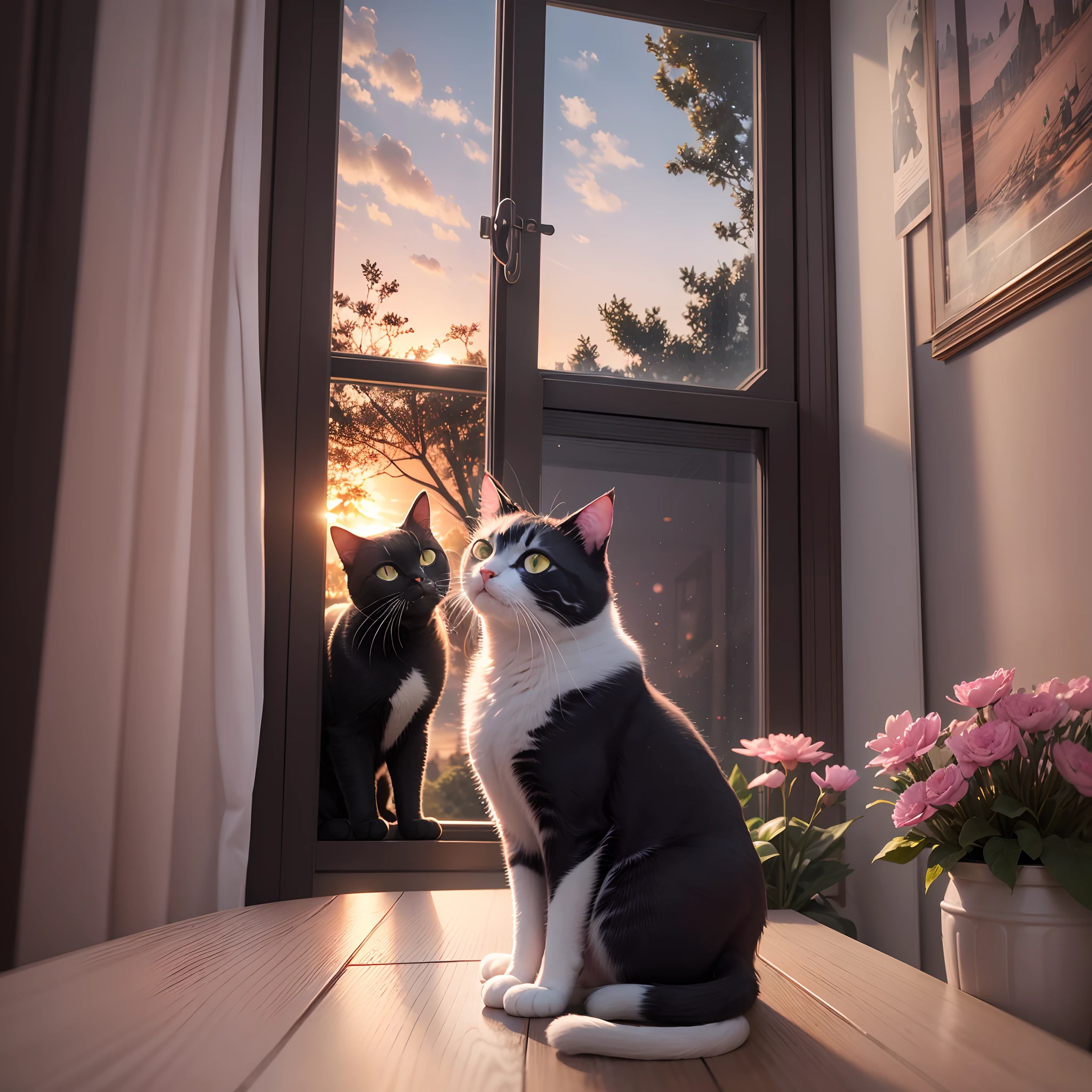 A black and white cat on a table with pink, white and red flowers, looking up, in the background a window with the sunset, super realistic, photography, 8K --auto --s2