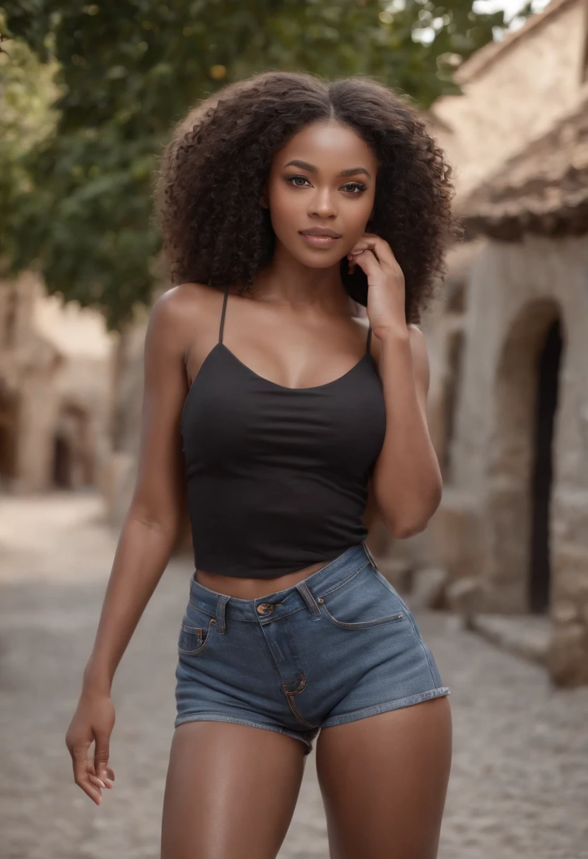 ((Dark African skin, Very deep ebony skin)), ((Its beauty is undeniable)), ((cute excited face)), ((Hyper detailed perfect eyes,)), ((pose mignonne)), ( (Langue sortie)), ((grosse fesse)),((Attirant )), sexy, (( Tight knit shirt, shorts courts sexy)), ((African curly afro afro afro ponytail afro,)), ( (peau)), ((debout, vue de face)), ((toucher ses propres jambes dans une pose sexy)), ((dehors, village public)), CGI ciblé, fotorrealista, High detail, Realstic, Master part, Absurde, beste-Qualit, HDR, highly quality, high-definition, extremly detailed, 8k wallpaper, intricate high detail, 8K UHD, Full-HD, (photo realist:1.2), contraste, intense illumination, lighting cinematic, natural lighting, hard light, contre-jour, illumination globale, occlusion ambiante selfie nsfw