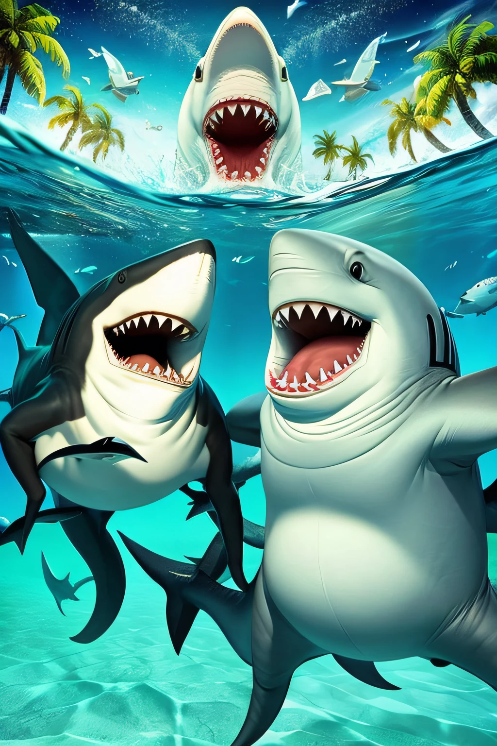 hammerhead shark and great white shark , cartoon