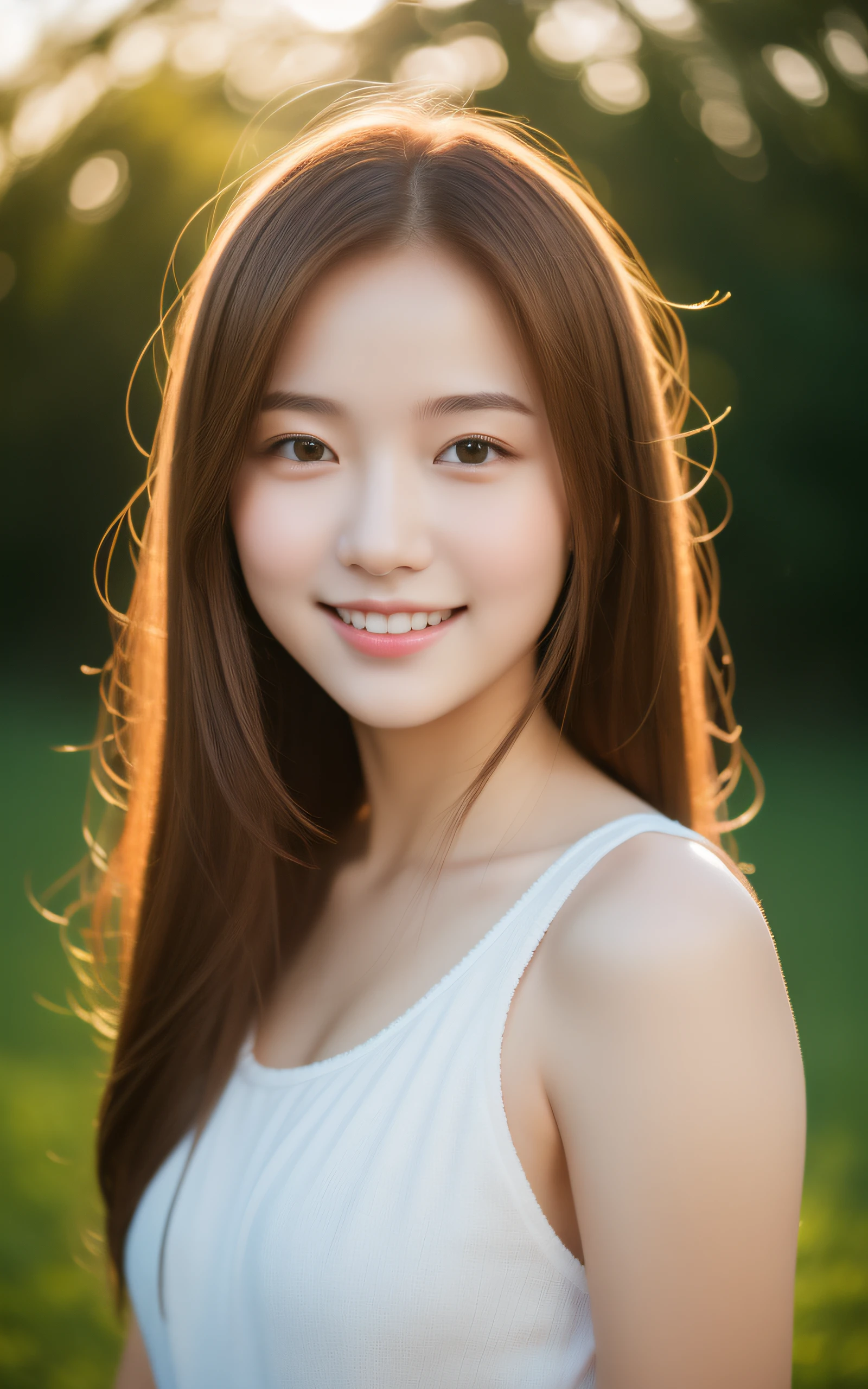 (Masterpiece:1.3), (8k, Photorealistic, RAW Photography, Best Quality: 1.4), soft light, professional lighting, 1girl,  , neat and clean beauty, closed mouth, smile, Brown Medium hair, outdoors