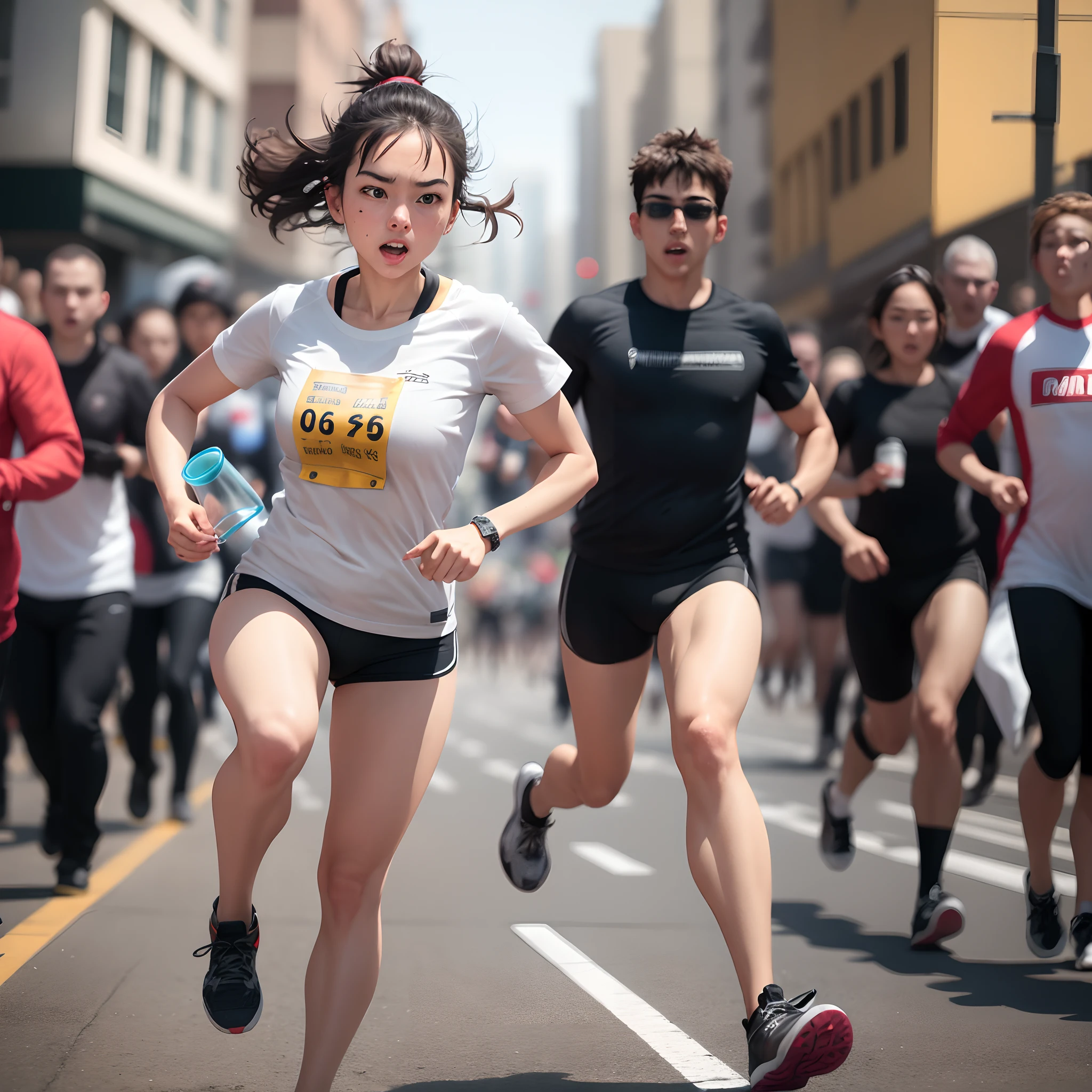 8K picture quality, detailed CG images, ({Teenage female, hundreds of girls, Thousands of girls, Multiple girls:1.4)), ((many girl, Only girls, crowd shot, girls are friends:1.4}), (Everyone is running at full speed:1.4)、A smile, embarassed face、shout out、Painful look、laugh face、Looking at Viewer, Hazel eyes, Extremely detailed, Brown hair, Blonde hair, Red hair, Black hair, {{The bikini, Farbe々Sports Bra, Running pants, Bib:1.4}}, Colossal tits, Marathon, Wide asphalt road, (((crowd of girls:1.4))), ((adhesion:1.4)), Women's Team Marathon, Best Quality, High quality, extremely detailed anime screencap, brainwashed girls、(Marathon Venues), Looking at the camera, A city lined with skyscrapers、blue-sky、