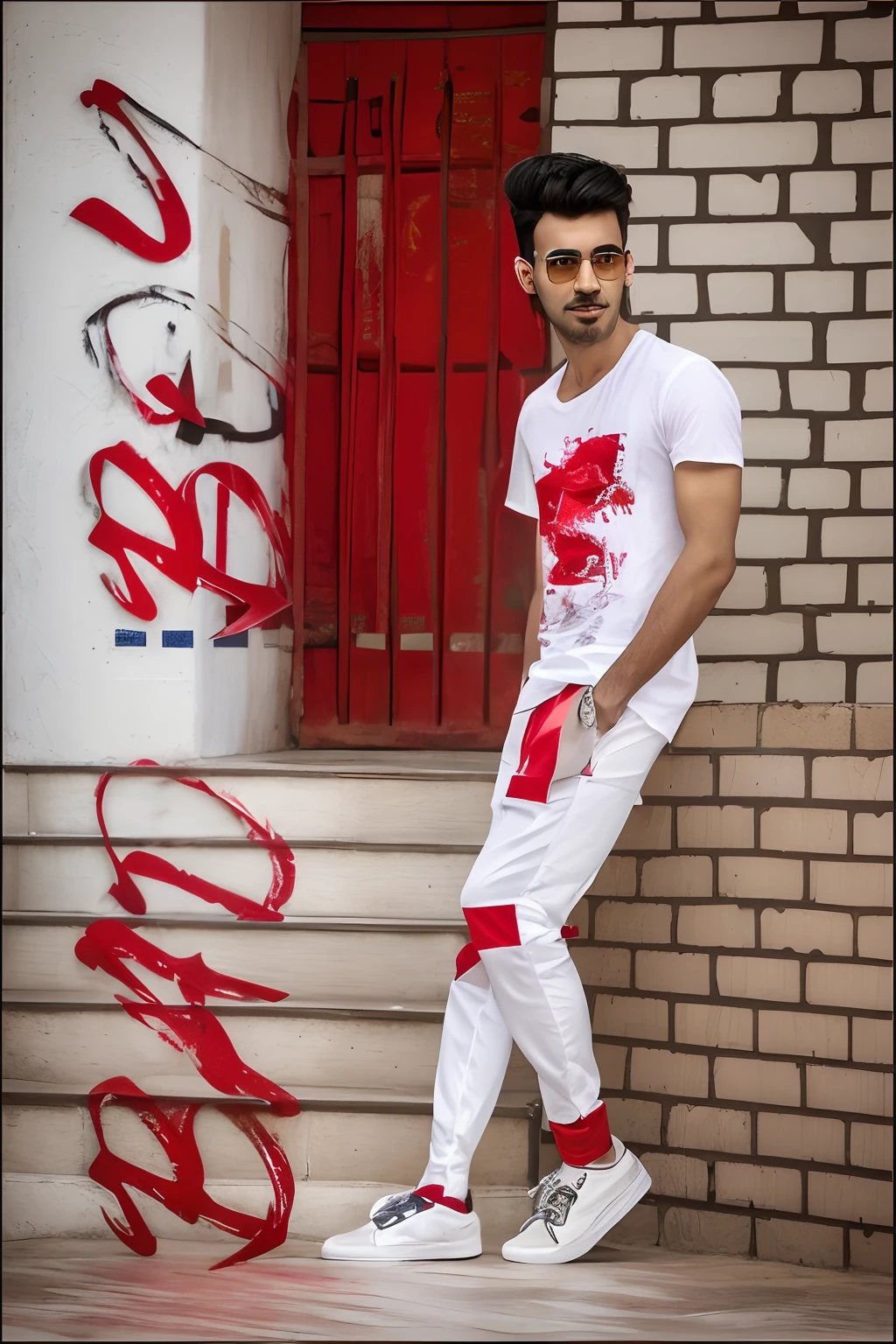 arafed man in a white shirt and red pants standing on a step, modeling shoot, mohamed chahin style, with a cool pose, casual photography, full body shoot, style of anton fadeev, inspired by Amir Zand, casual pose, modeling photography, profile pic, inspired by Bikash Bhattacharjee, stylish pose, full body photoshoot