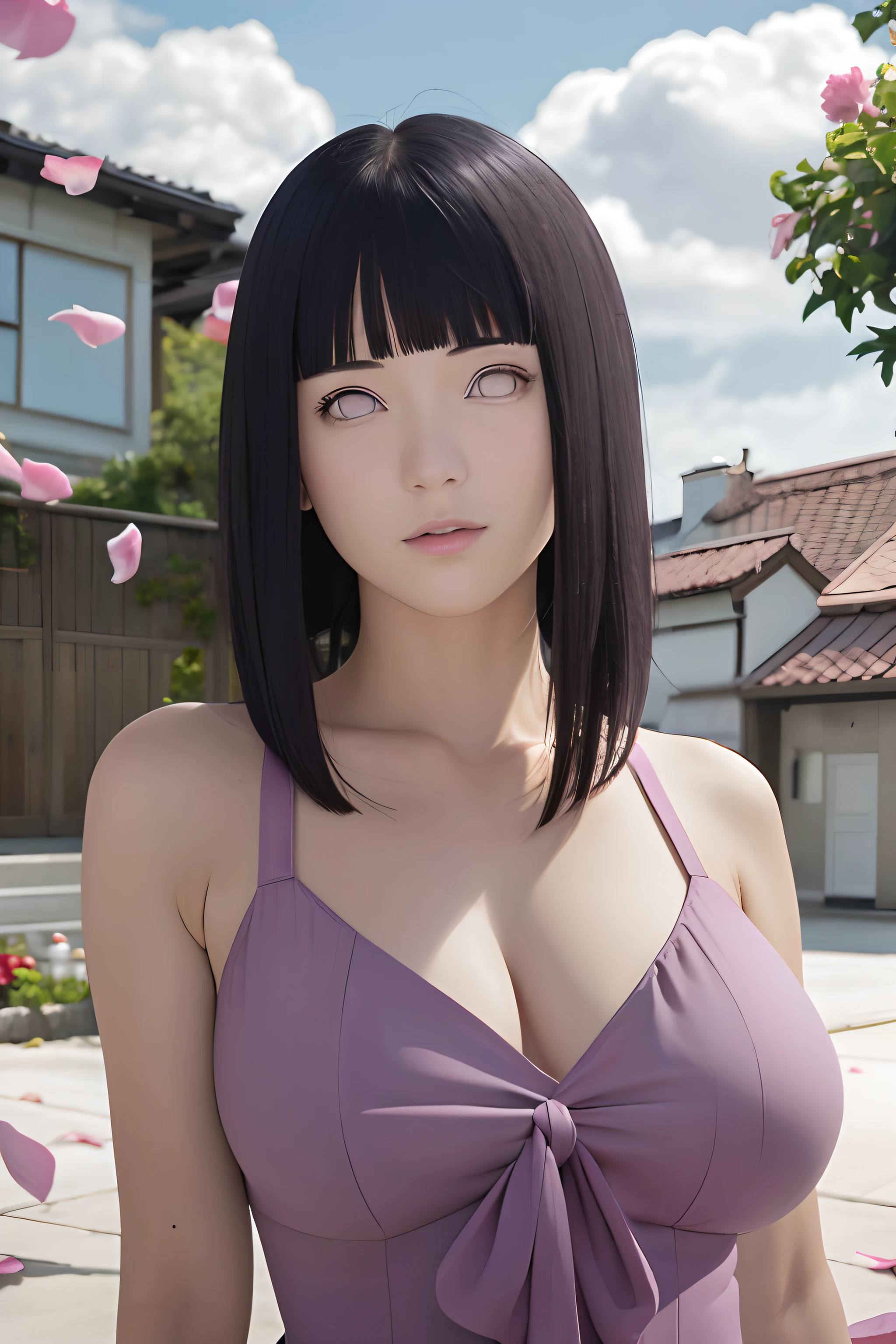 masterpiece, absurdres, hinata\(boruto\), 1girl, solo,mature female, mini dress of shoulder,  outdoors, looking at viewer, (falling petals), cloudy sky, perfect composition, detailed lips, big breast, beautiful face, body propotion, blush, (pink lips), long hair,  purple eyes,  soft gaze, sad smile,  super realistic, detailed, photoshoot, realistic face and body