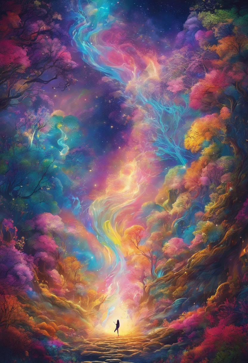 The girl who casts the mysterious glowing spell, Dream rainbow forest, Vibrant colors, Ethereal lighting, detailed foliage, Magical atmosphere, enchanting scenery, Fantastical Atmosphere, Shine brightly, Flowing robes, A wisp of magic, Ethereal creatures, Enchanted tree, glisteningstream, Radiant energy, Mysterious symbol, Surreal beauty, otherworldly landscape, Swirling mist, Charm in the air, Engaging moments, A mesmerizing spectacle, ethereal essence, Magical spells, mystical aura, mesmerizing charm, Fascinated bystanders, transcendent experience, Magical whirlpools, Hidden secrets, Whimsical creatures, Vibrant charm, enchanting atmosphere, Ethereal melody, radiant beams of light, outworldly colours, Mesmerizing action, A joyous celebration in nature, Charming nymphs, supernatural power, Pulsating energy, enchanting spell, Fantasy realm, Transcendental experience,Candles account for the body,The candle melts,The wax core is a beacon,The hand of the person who climbs up on the wax wall reaches for the wax core,Represents the spirit of never giving up