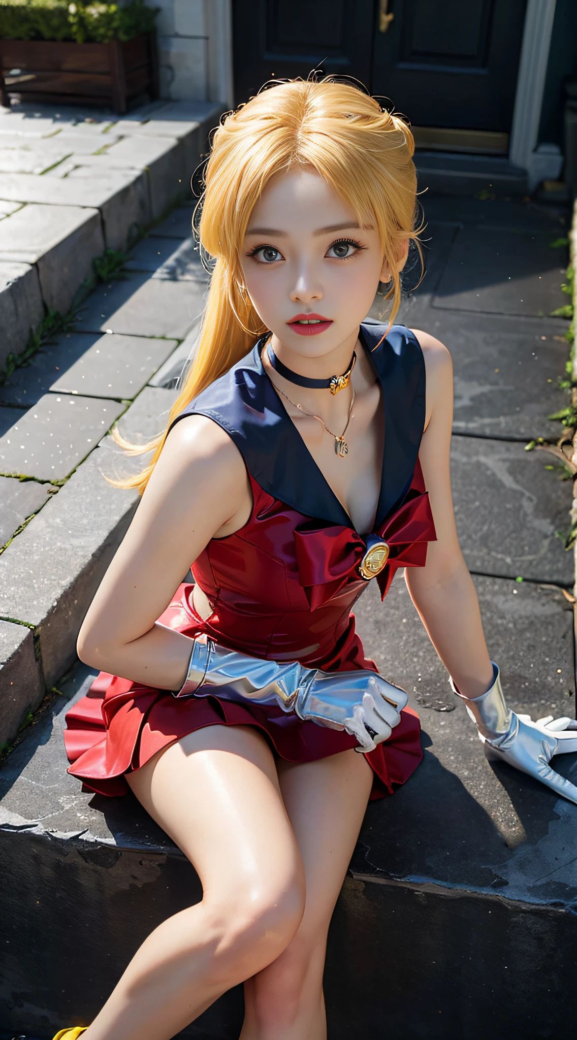 ((masterpiece:1.4)、(top-quality:1.4)、(reallistic:1.7))、masuter piece:1.4、a beauty girl、(Sailor Moon:1.4)、Tsukino Usagi、Body Fit Sexy Sailor Senshi Uniform、(latex shiny)、(The jacket is a white sleeveless sailor suit)、(Skirt is blue sexy ultra ultra mini skirt)、The collar of the sailor suit is blue with two thin lines.、high leg swimsuit、Red cloth ornament at chest、(Wearing white gloves)、Kawaii Girl、Super beauty、foco nítido、Portrait photos、Upper body photography:1.4、beautiful countenance、beautidful eyes、Narrow waist、(Yellow hair:1.4)、(length hair:1.2)、Raw photo、red-lips、Red high heels:1.4、a choker:1.4、a necklace:1.4、耳Nipple Ring:1.4、Luxurious golden tiara on forehead:1.4、1 screen display、Outdoor landscape