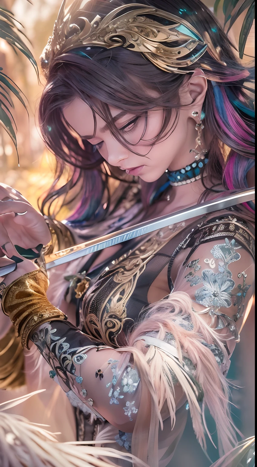 Best quality,4K,8K,A high resolution,Masterpiece:1.2,Metal feather sword,shimmering blade,Sharp edges,Glow-feathered tip,Engraved pattern,Ornate hilt,Ornamental silver feathers,ethereal glowing,Ultra-detailed,Realistic:1.37,sportrait,Studio lighting,Vivid colors,Sharp focus,Physically-based rendering,Detailed hilt details,Sparkling highlights,Soft shadows,Colorful feathers,subtle gradient background,eye-catching composition,Enhance contrast,Scene of a woman holding a sword,Her eyes were staring fiercely,Her lips showed a determined expression,Wear elegant and flowing clothing,her hair billowing in the wind,Stand in a mysterious garden,Overgrown with vibrant flowers and lush greenery,The sun casts a warm golden glow,creating a magical atmosphere.woman,HD 3D wallpapers