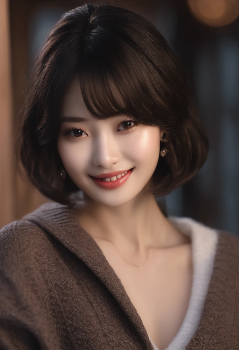 of the highest quality, masutepiece, Ultra High Resolution, Photorealistic,  off shoulders, knit, Smile, Smile, slightly visible,  Soft lighting, Detailed skin, Bangs, Black hair, Clear eyes, Short bob hair, Transparency, Japan, Korean, Beautiful woman, Upper Eyes, Lip gloss, Highlights in the eyes