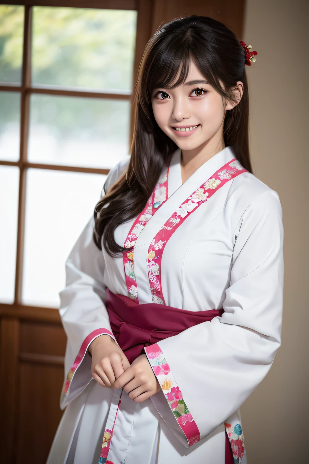 Cute  girl in AKB48 uniform、AKB48 Team TP、(((Japanese clothing furisode collection)))、(​masterpiece、top-quality: 1.2)、超A high resolution、(Photorealsitic: 1.4)、Detailed skin、lighting like a movie、lare breasts、friendly、intelligent、conversation engaging、Be happy、Be kind and、Energetic and、Cheerful and、Creative and、With glowing eyes and a contagious smile、