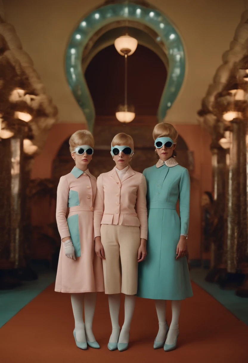 1960s science fiction 4k portrait by Wes Anderson, Vogue 1960s, Pastel colors, Holding hands with twin girls in weird retro futuristic costumes、Family photo of parents wearing futuristic masks Tags: Blurred, photos realistic, Hyper-detailing, Sharp Focus, embedded, Mid Close-up, Perfect face and eyes, Film grain, Cinematic, Bokerent, epic composition, Natural light, Photography, A hyper-realistic, double exposure, Blurred, Motion Blur, One-sided pain, high, High quality, of the highest quality, masutepiece, High quality, Top Quality Masterpiece, Convoluted, with an intricate