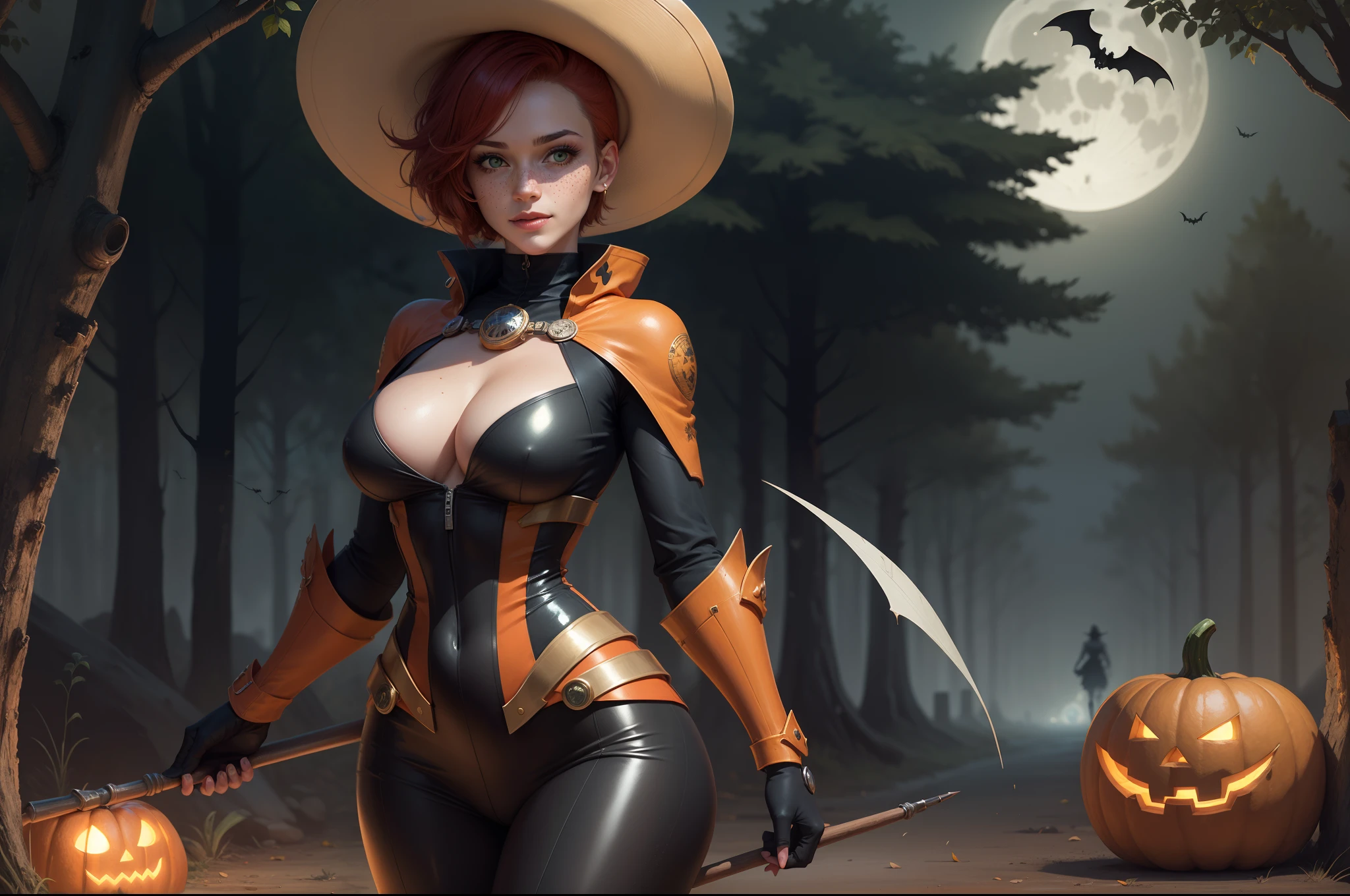 gwen tennyson,tracer,gogo tomago, rebecca chambers,dragon's crown, atelier ryza,1girl,close up,mecha pilot,halloween forest,gold and orange plugsuit,hair pin,pirate corset,silver long sleeve lycra top,steel leggings,short hair,cute makeup, green eyes,red and gold hair,shy smile, freckles,redhead,beautiful girl,large breasts,ultra detailed,realistic,fantasy art,bodycon dress,steel armor,halloween pumpkin,moonlight,witch cloak,neck and head jewelry,witch hat,witch staff,