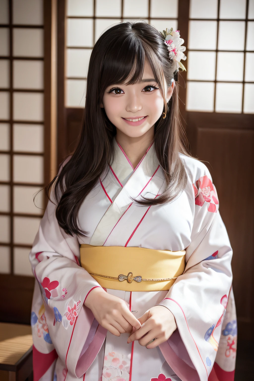 Cute ******* girl in AKB48 uniform、AKB48 Team TP、(((Japan-style kimono furisode)))、(​masterpiece、top-quality: 1.2)、超A high resolution、(Photorealsitic: 1.4)、Detailed skin、lighting like a movie、lare breasts、friendly、intelligent、conversation engaging、Be happy、Be kind and、Energetic and、Cheerful and、Creative and、With glowing eyes and a contagious smile、