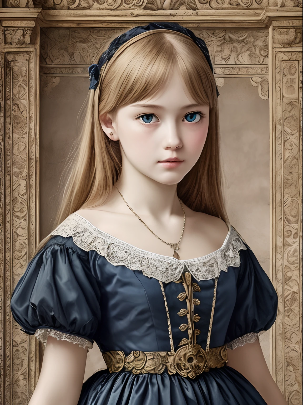 Best quality, Masterpiece, high resolution, Original, highly detailed wallpaper, Beauty, baroque period, dress, Sad, Small face、teens girl、Real Human、Authentic、blond、Blue eyes、Foreigner、Old photos，Nostalgia，Dark style，Dark style、Melancholy