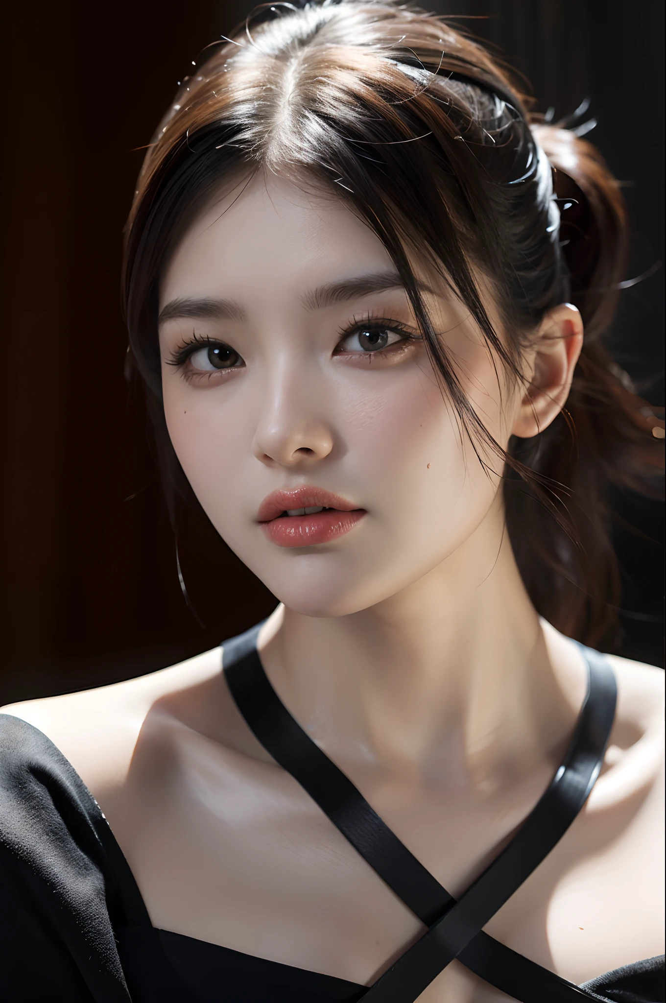 Best quality, masterpiece, ultra high res, (photorealistic:1.4), raw photo, 1girl, offshoulder, in the dark, deep shadow, low key, cold light