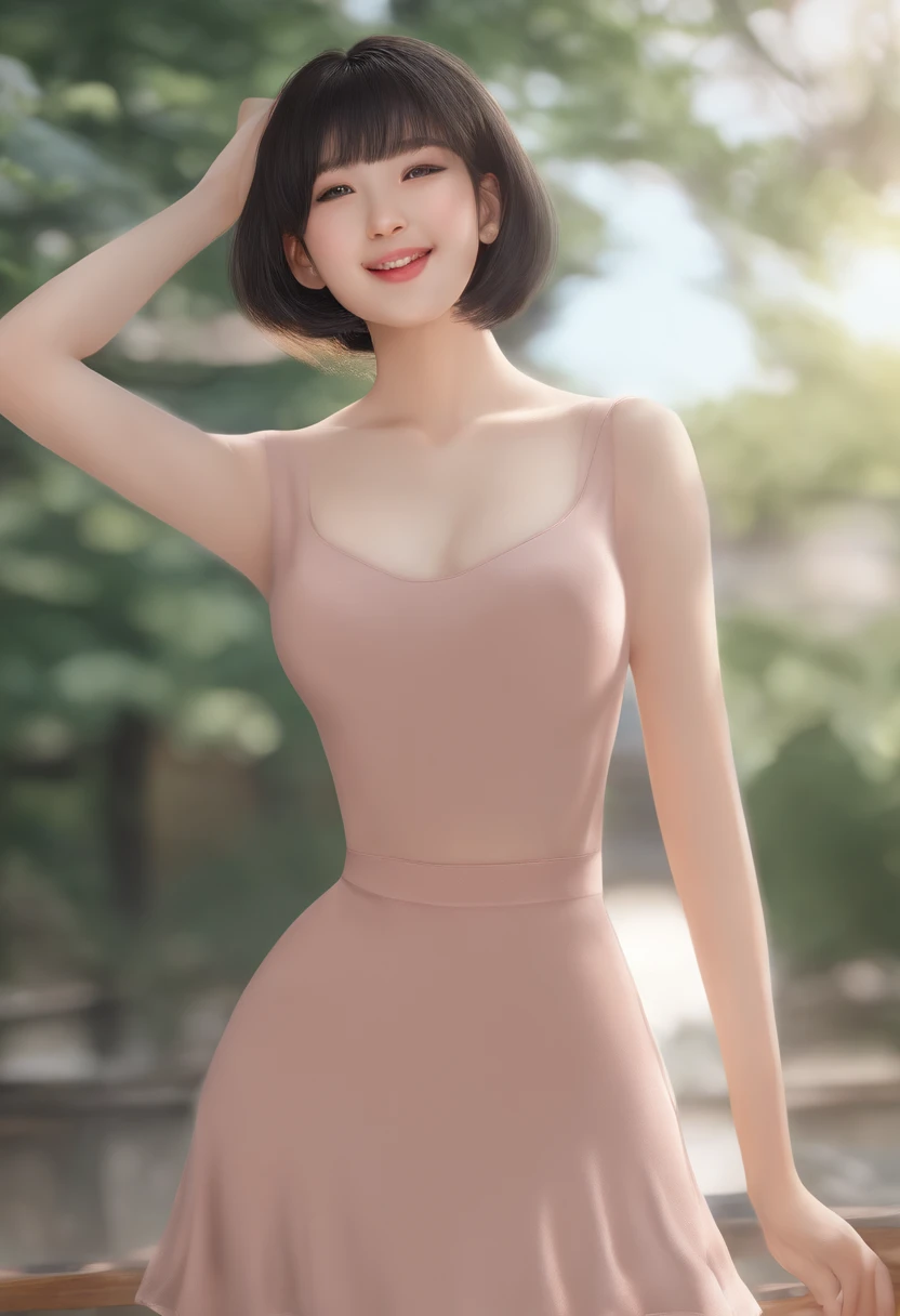 of the highest quality, masutepiece, Ultra High Resolution, Photorealistic, off shoulders, knit, Smile, slightly visible, Soft lighting, Detailed skin, Bangs, Black hair, Clear eyes, Short bob hair, Transparency, Japan, Beautiful woman, Upper Eyes, Lip gloss, Highlights in the eyes, s ass