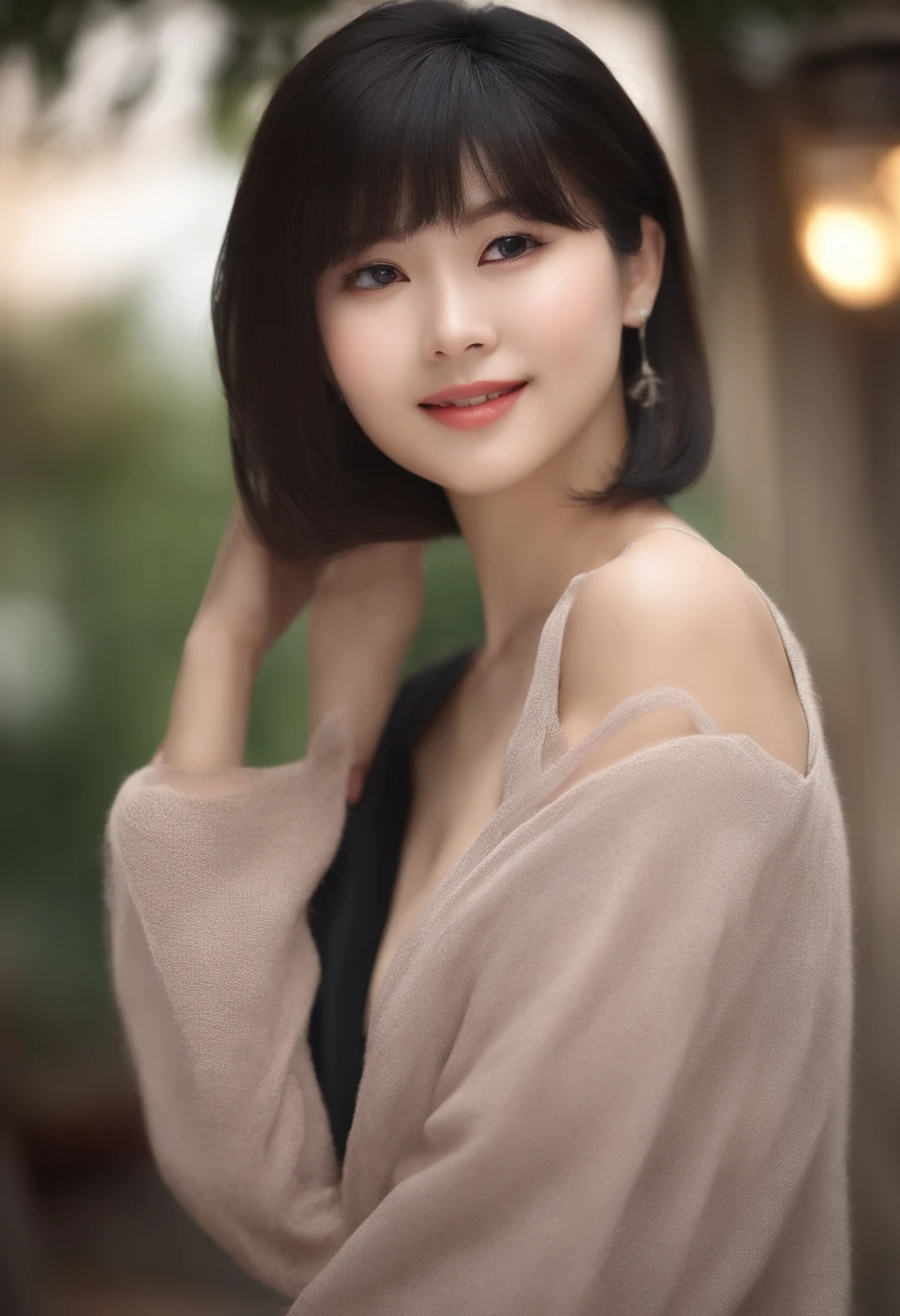 of the highest quality, masutepiece, Ultra High Resolution, Photorealistic, off shoulders, knit, Smile, slightly visible, Soft lighting, Detailed skin, Bangs, Black hair, Clear eyes, Short bob hair, Transparency, Japan, Beautiful woman, Upper Eyes, Lip gloss, Highlights in the eyes, s ass