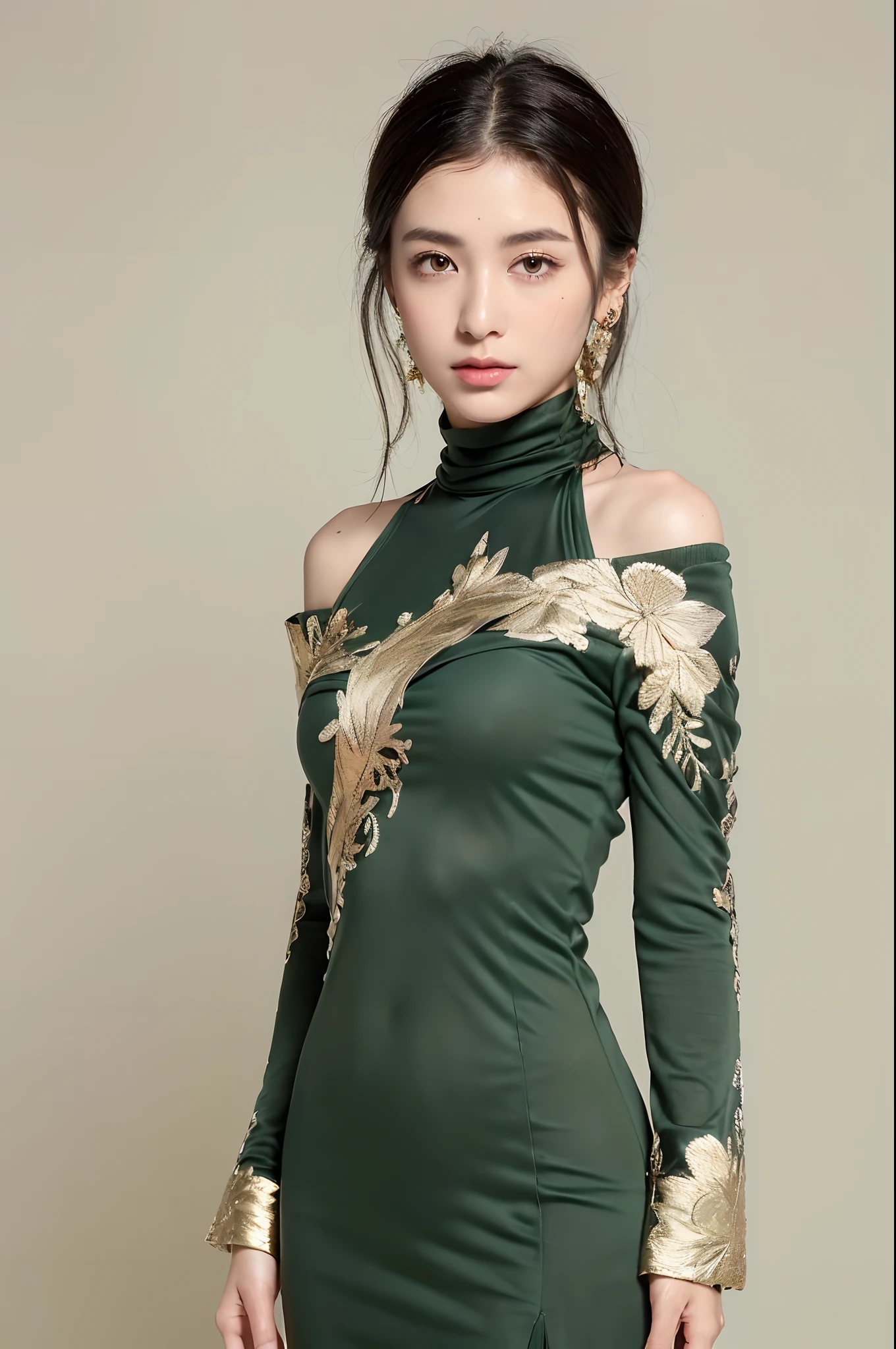 ((Top Quality, 8k, Masterpiece: 1.3)), (BRAV5:1.5)), Japan 1 Woman, (Full Body Photo: 2.0)), Full Body Portrait, Shot from Below, (Nipple Shadow: 3.5), , Beautiful Girl with Slender Emphasis: 1.3, , (Very Thin Waist), Thin Waist, (Hairstyle Short, Small Breasts: 1.2), ( Very Slender Abs: 1.1)), (( Dark green turtleneck halter neck: 2.6, Off-shoulder miniskirt slit dress with floral pattern: 3.5, Satin fabric, gold embroidery on the chest: 2.5)), ((Katyusha with a gold ornament)), (Nipple shadow: 1.3), taken in a photo studio, ultra-detailed face, detailed eyes, double eyelids,